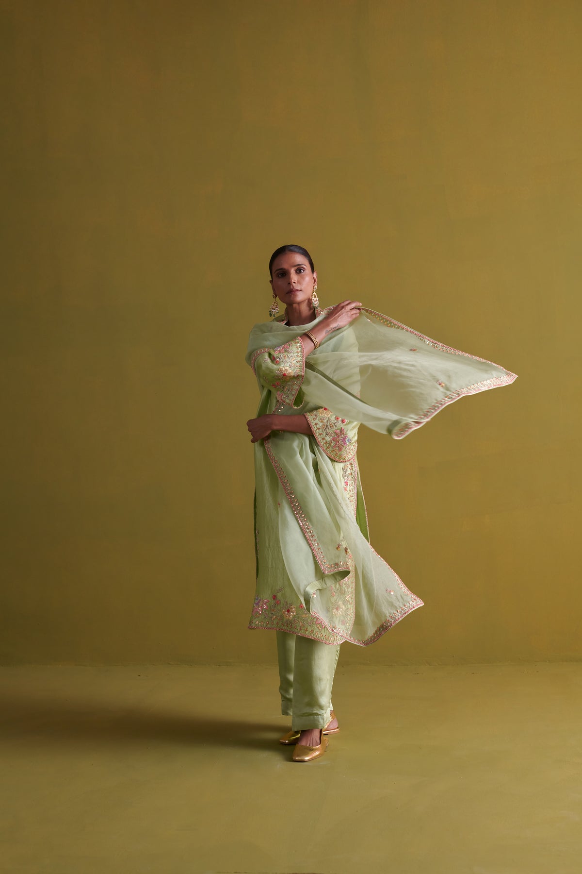 Pista Green Kora Silk Kurta Set