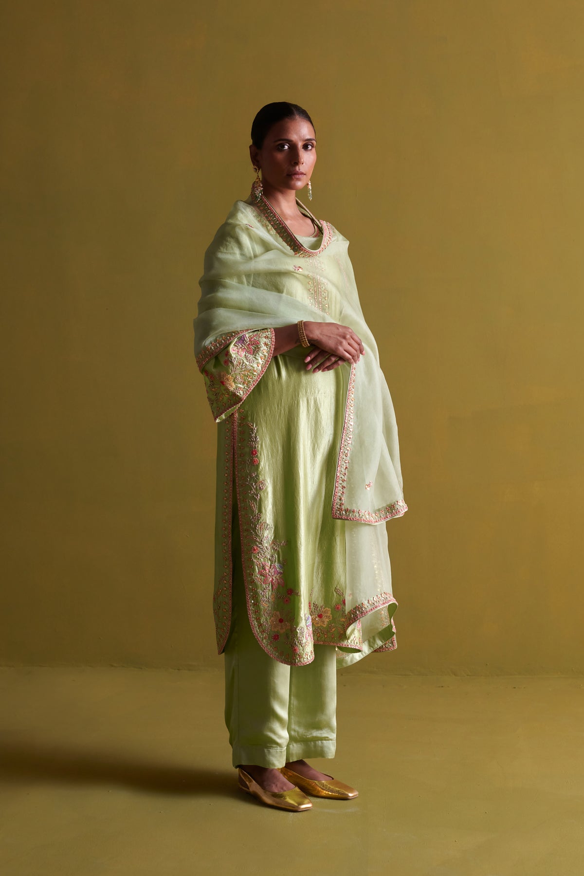 Pista Green Kora Silk Kurta Set