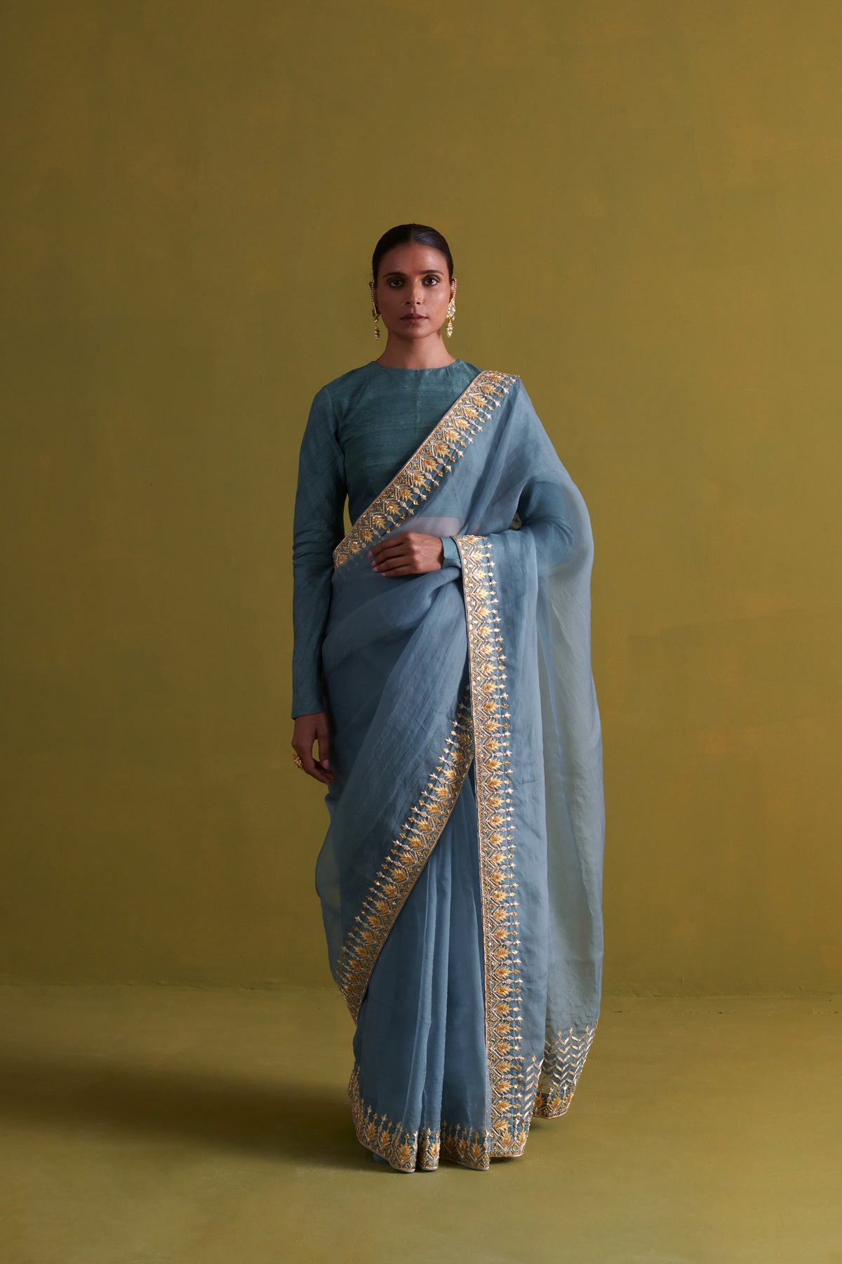 Marine Blue Embroidered Saree Set