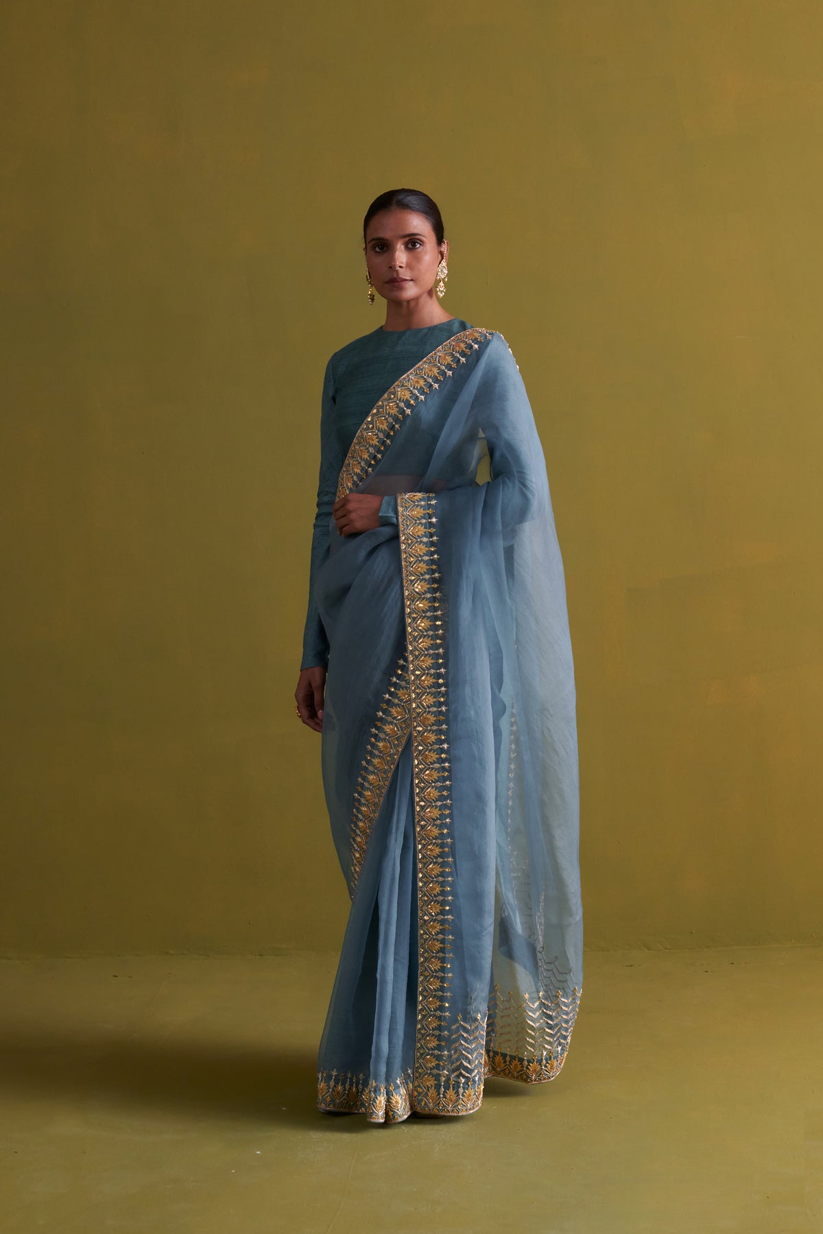 Marine Blue Embroidered Saree Set