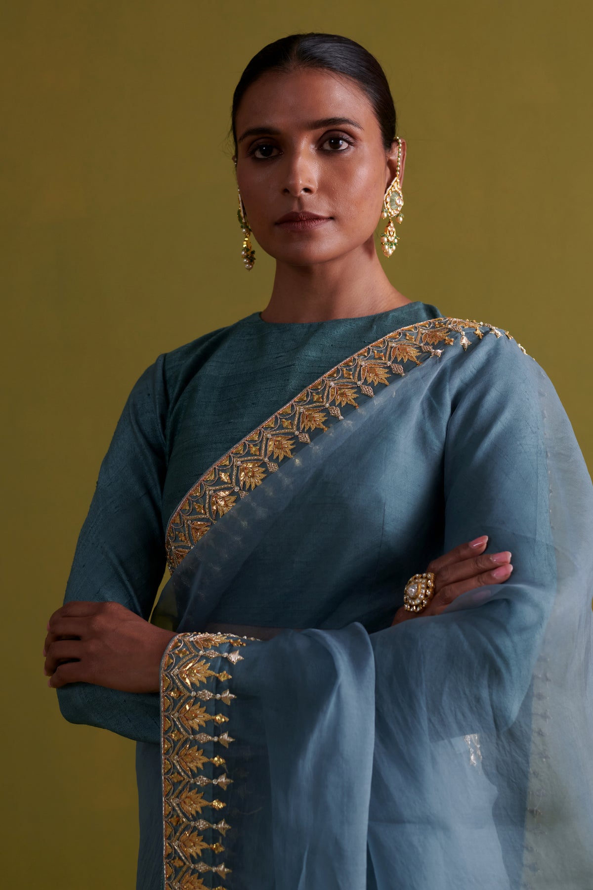 Marine Blue Embroidered Saree Set