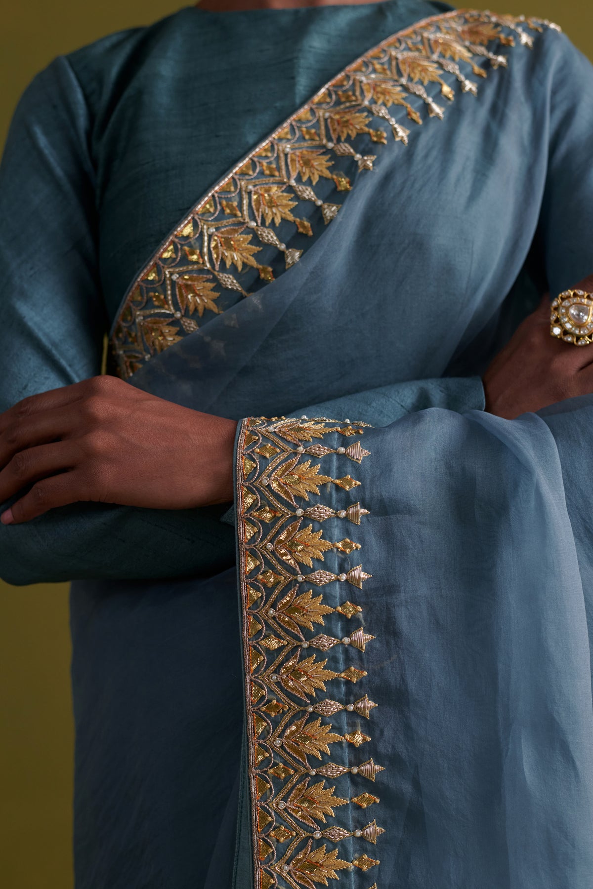Marine Blue Embroidered Saree Set