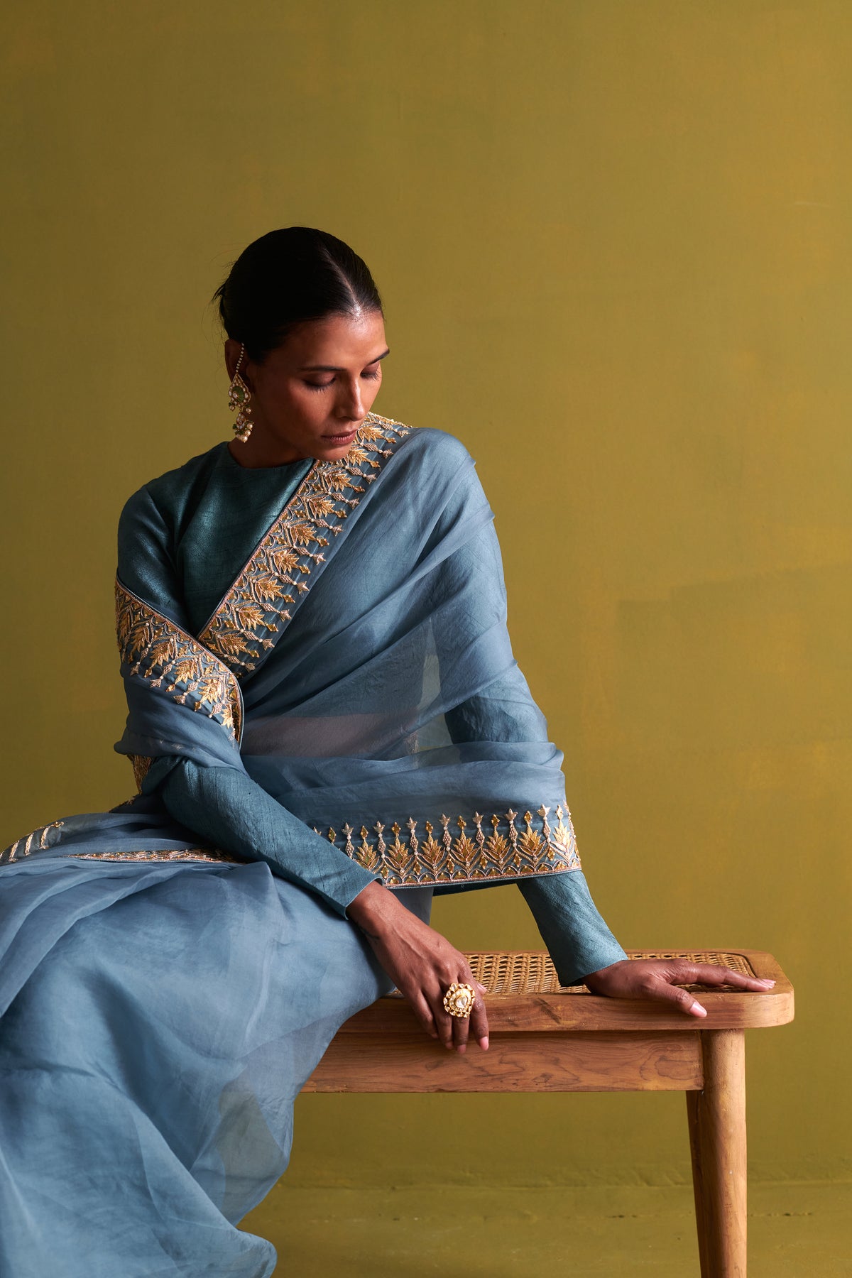 Marine Blue Embroidered Saree Set