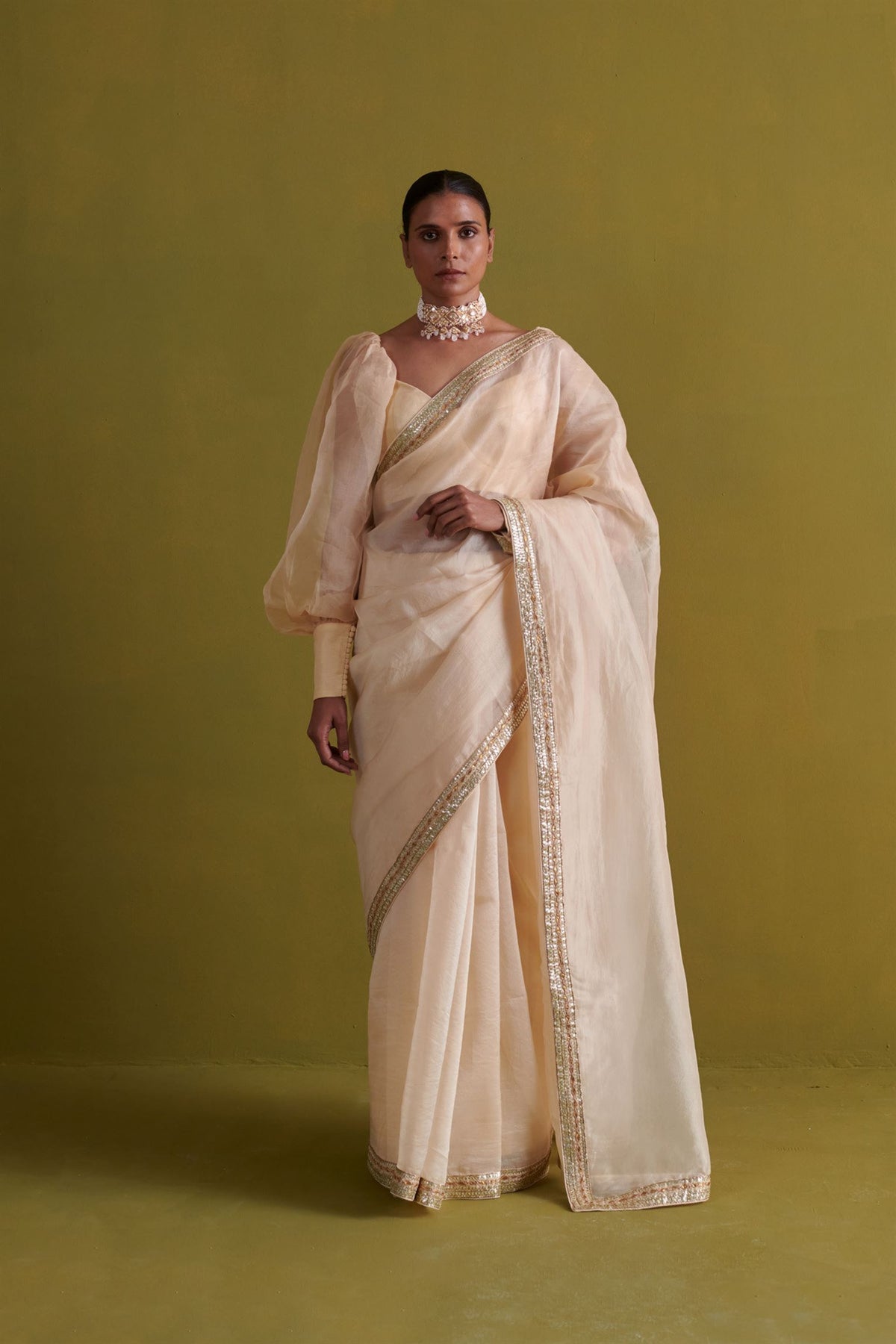 Beige Embroidered Saree Set