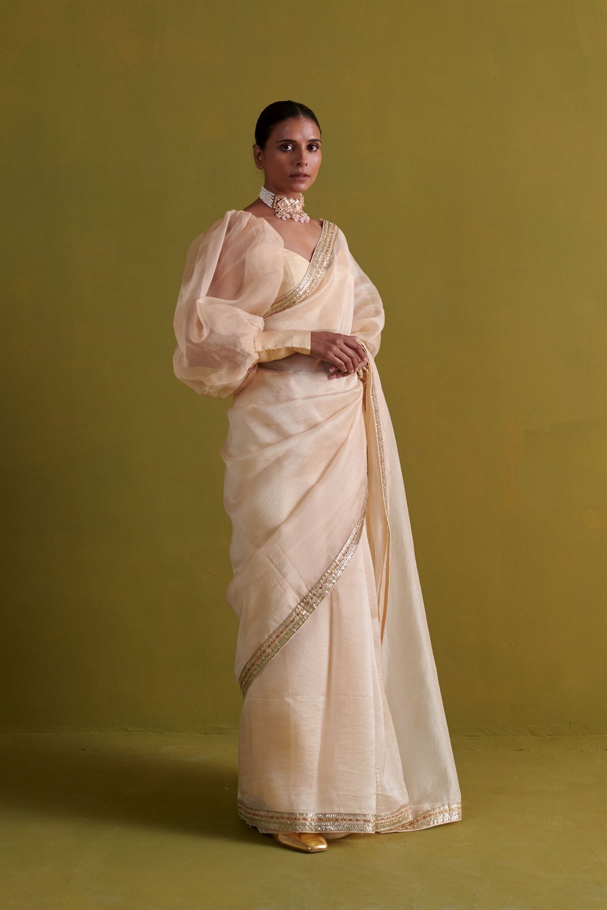 Beige Embroidered Saree Set