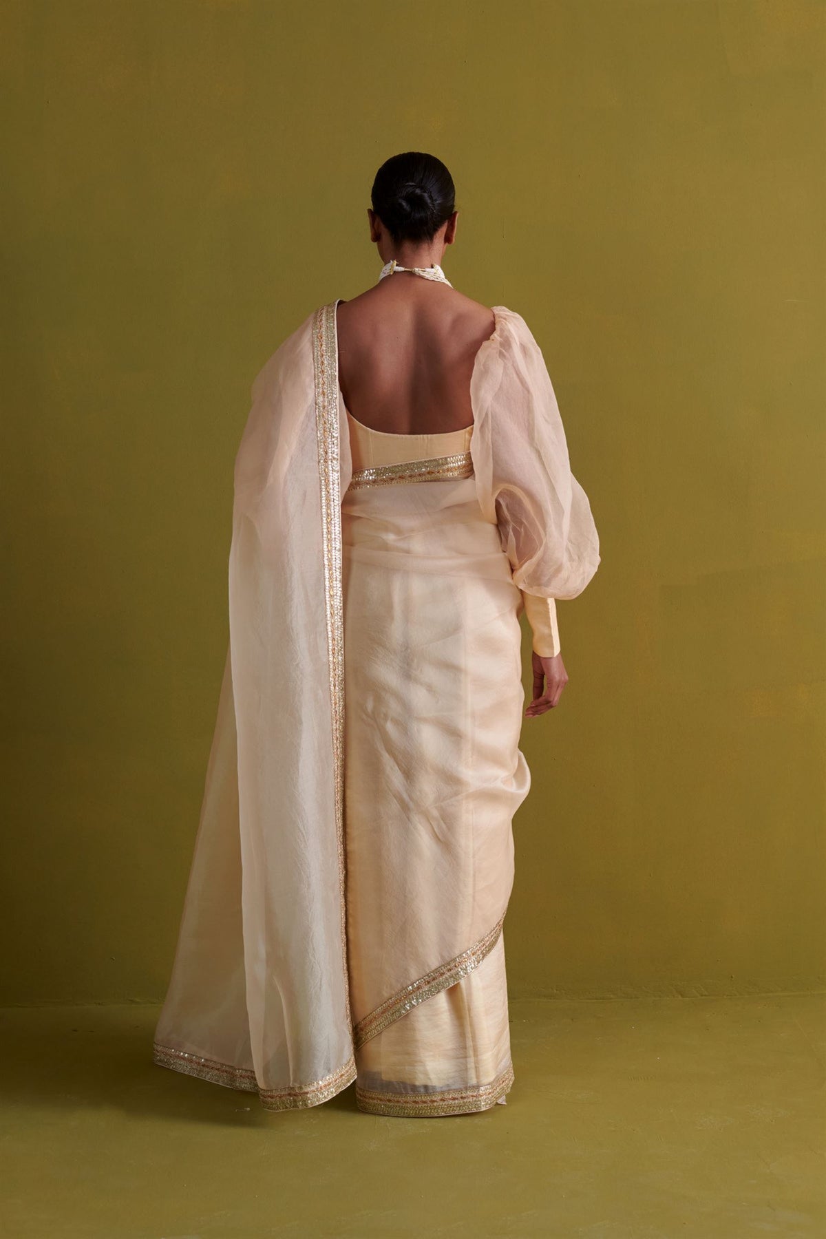 Beige Embroidered Saree Set