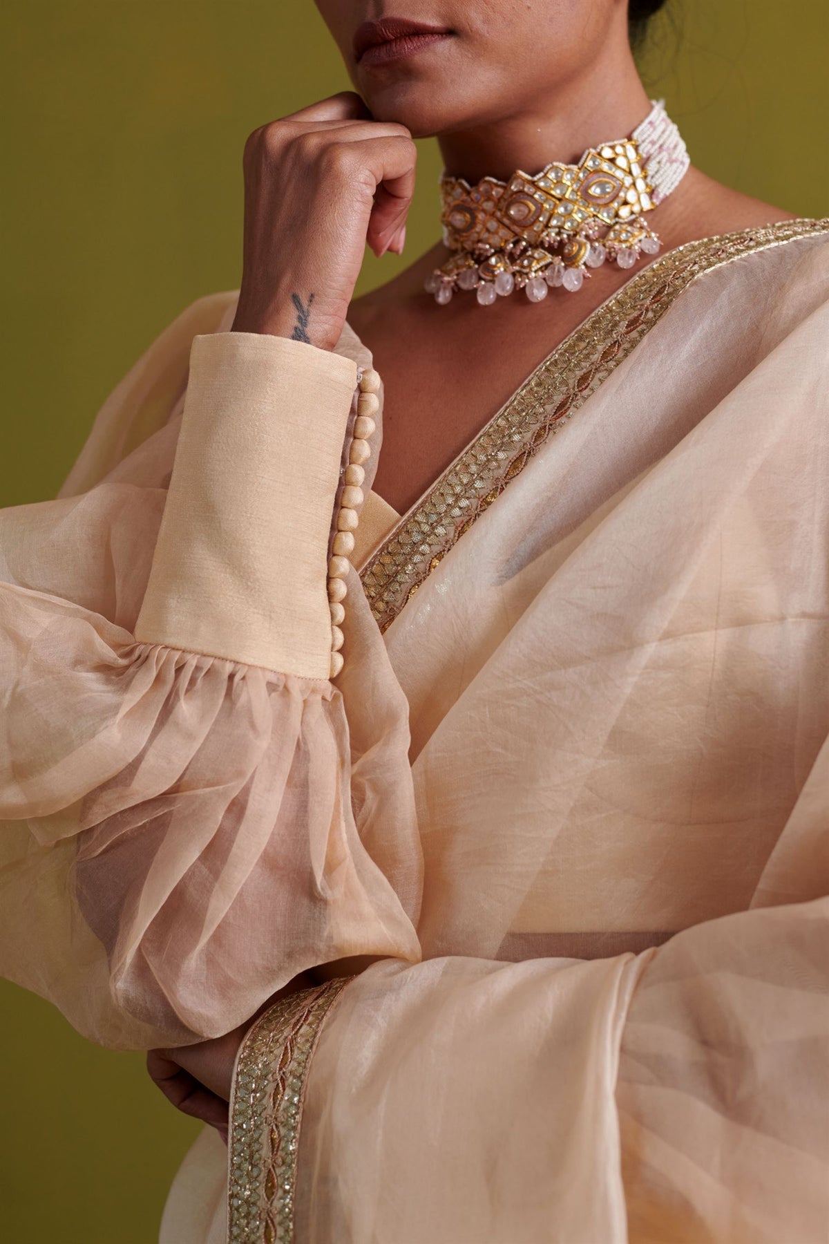 Beige Embroidered Saree Set