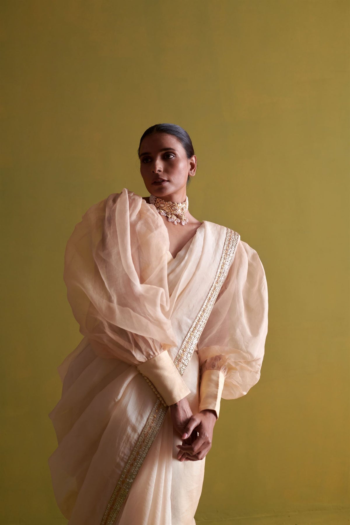 Beige Embroidered Saree Set