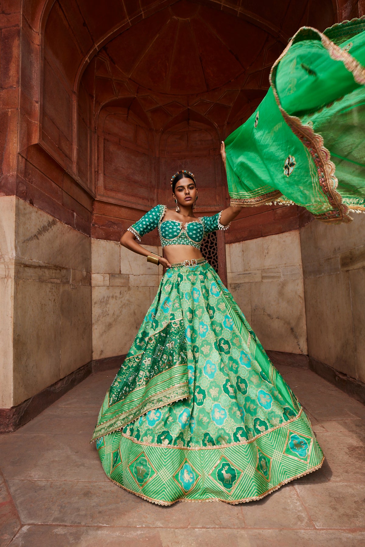 Green Banarasi Chanderi Lehenga Set