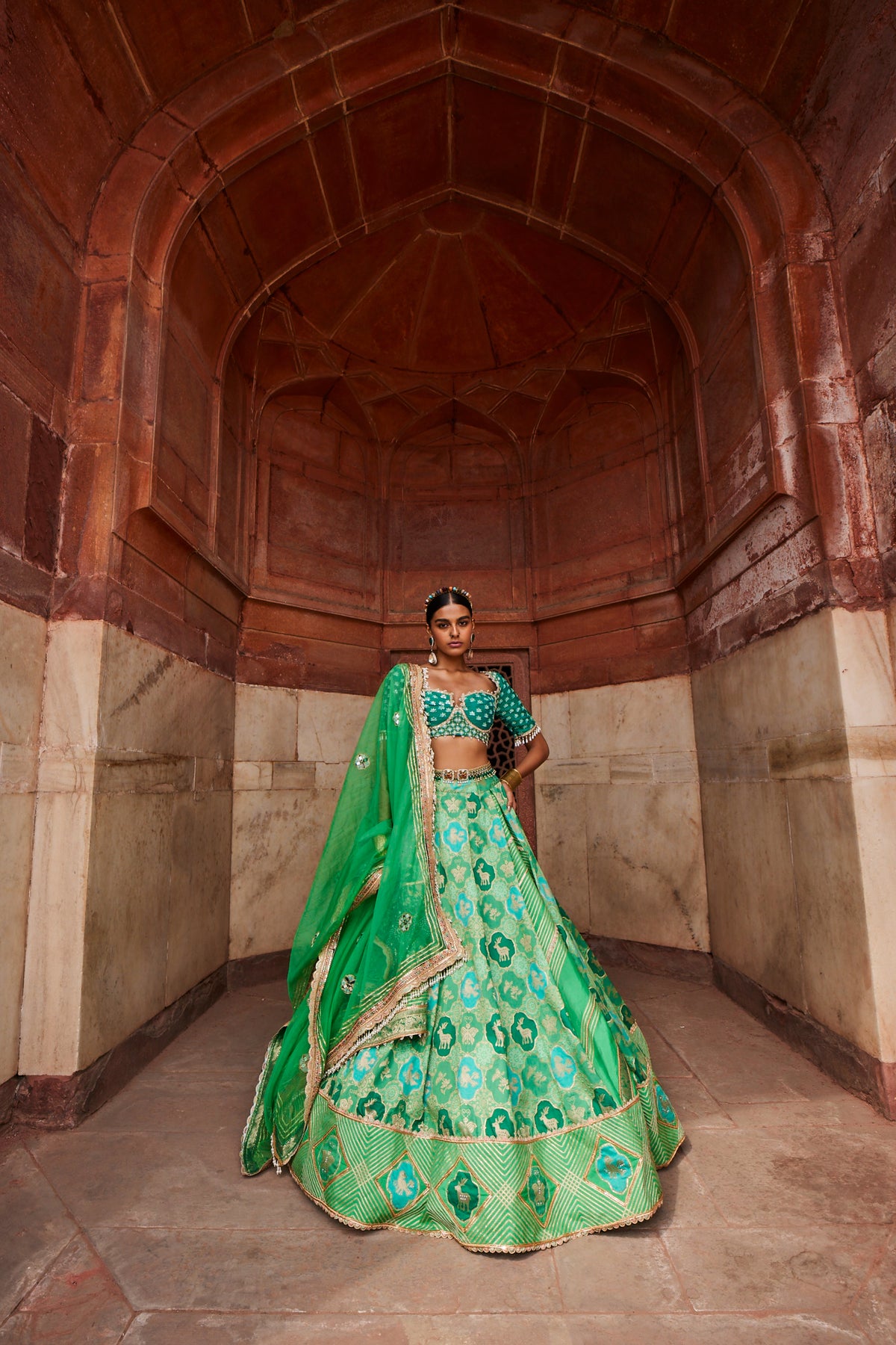 Green Banarasi Chanderi Lehenga Set