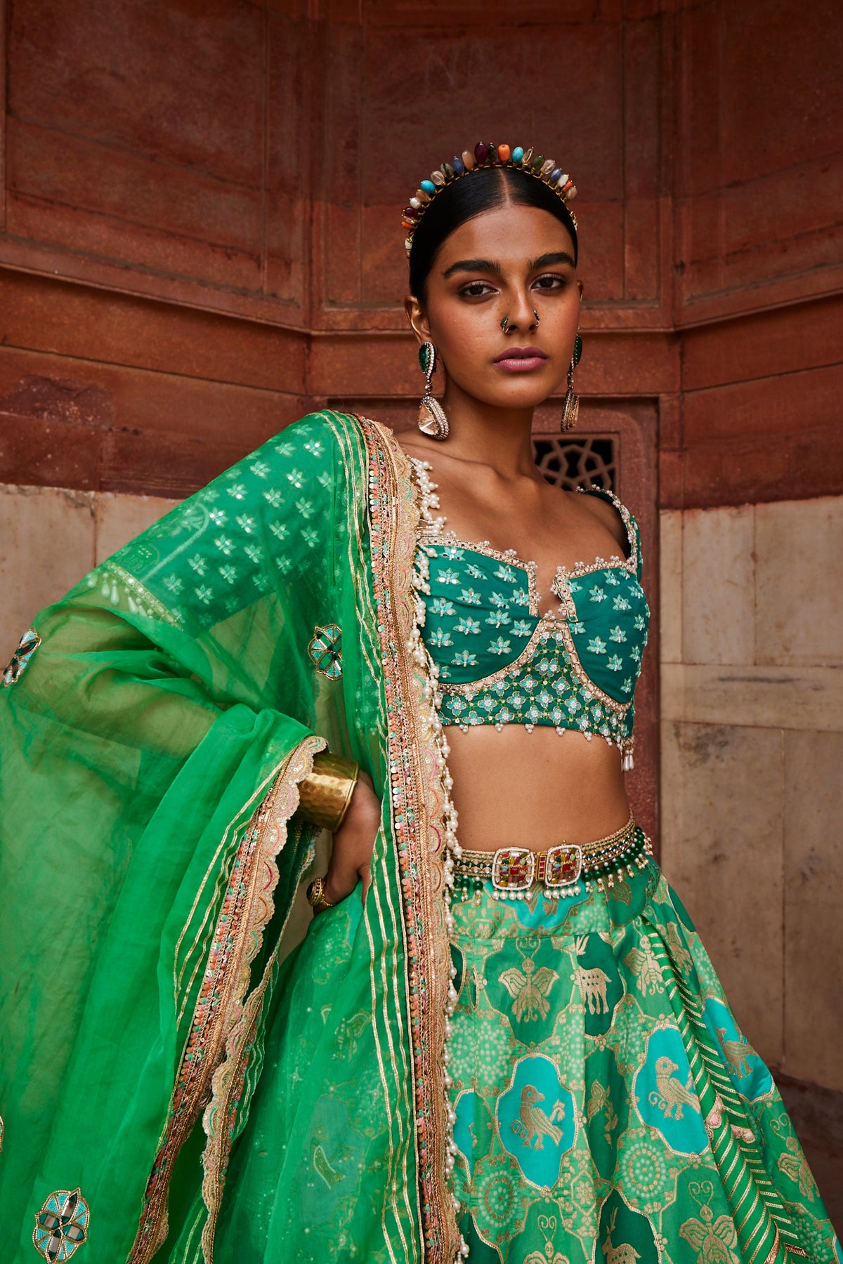 Green Banarasi Chanderi Lehenga Set