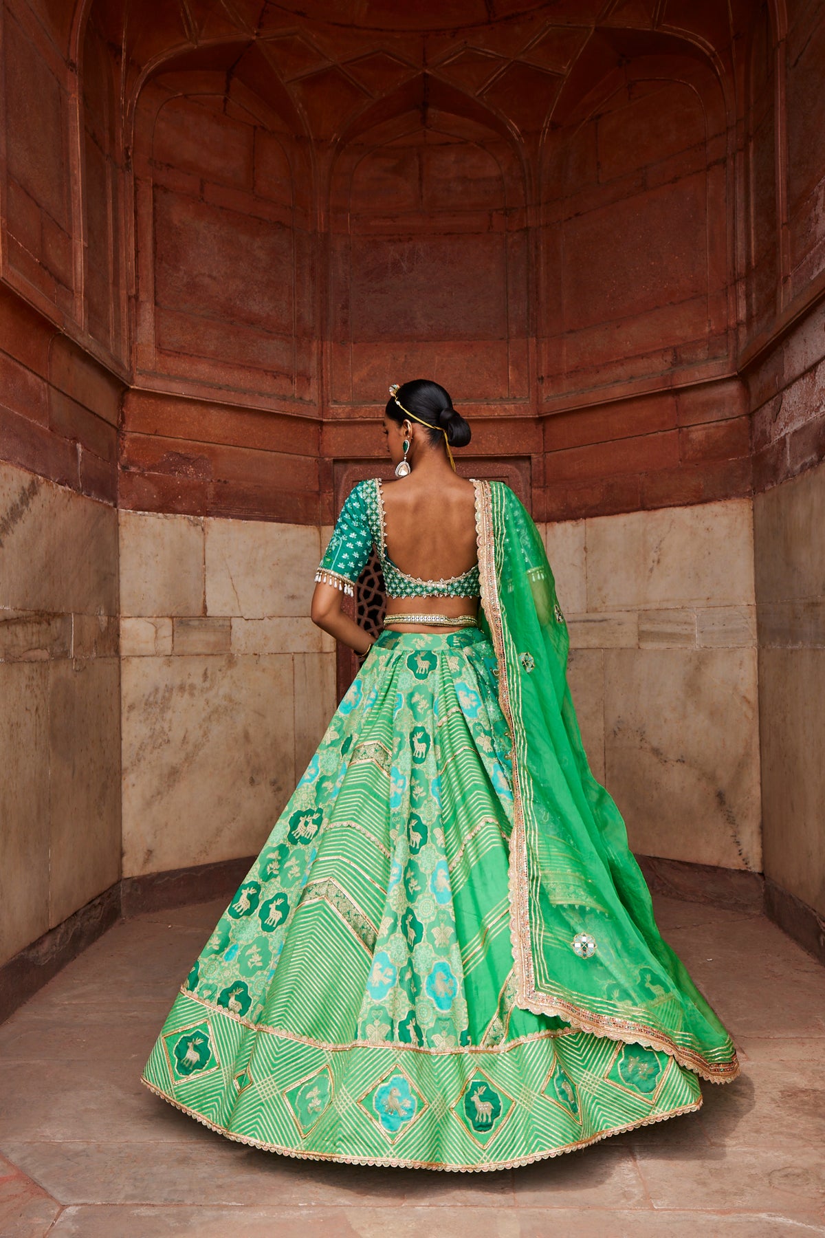 Green Banarasi Chanderi Lehenga Set