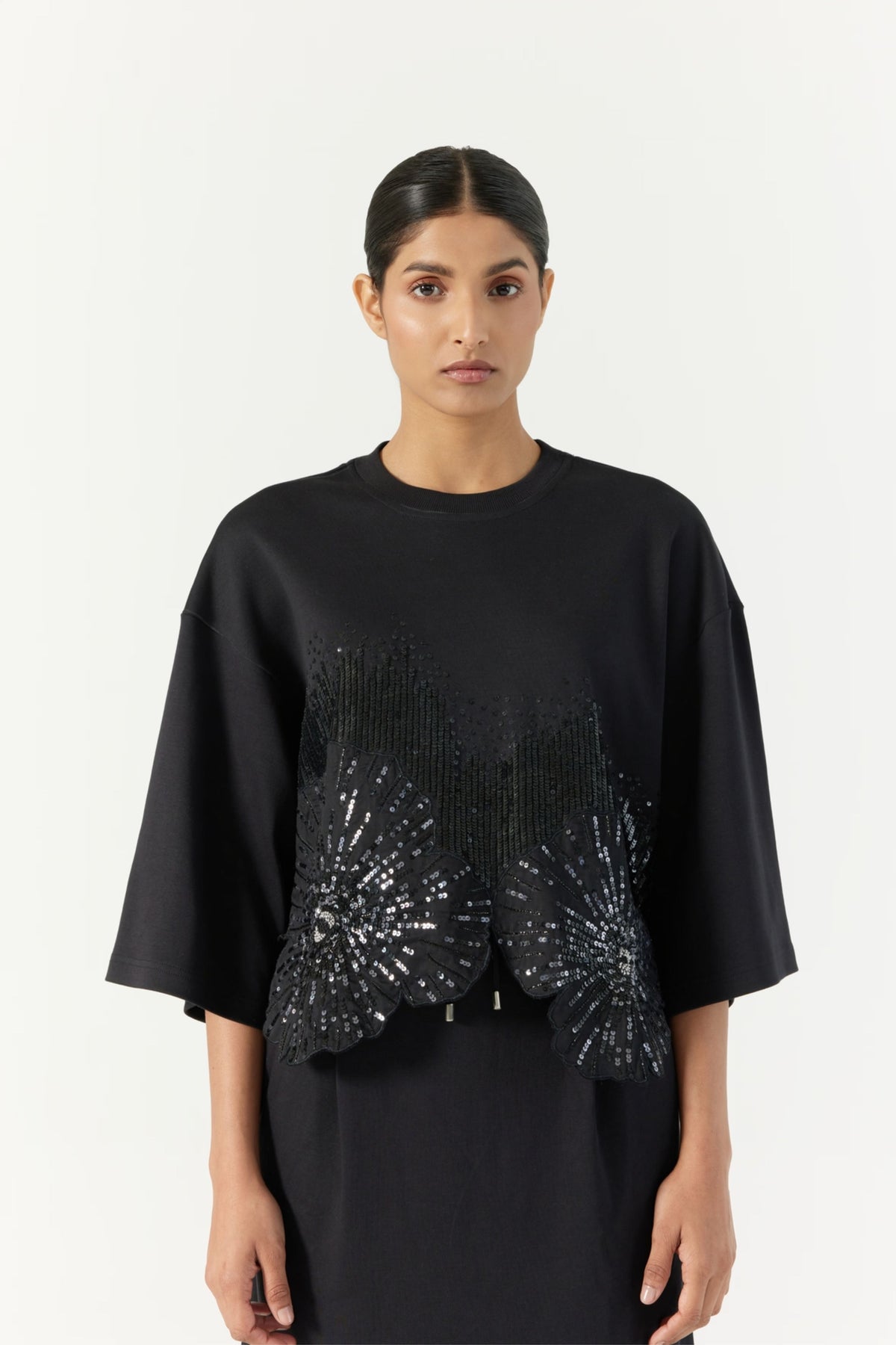 Pansy Hand Embellished Black T-Shirt