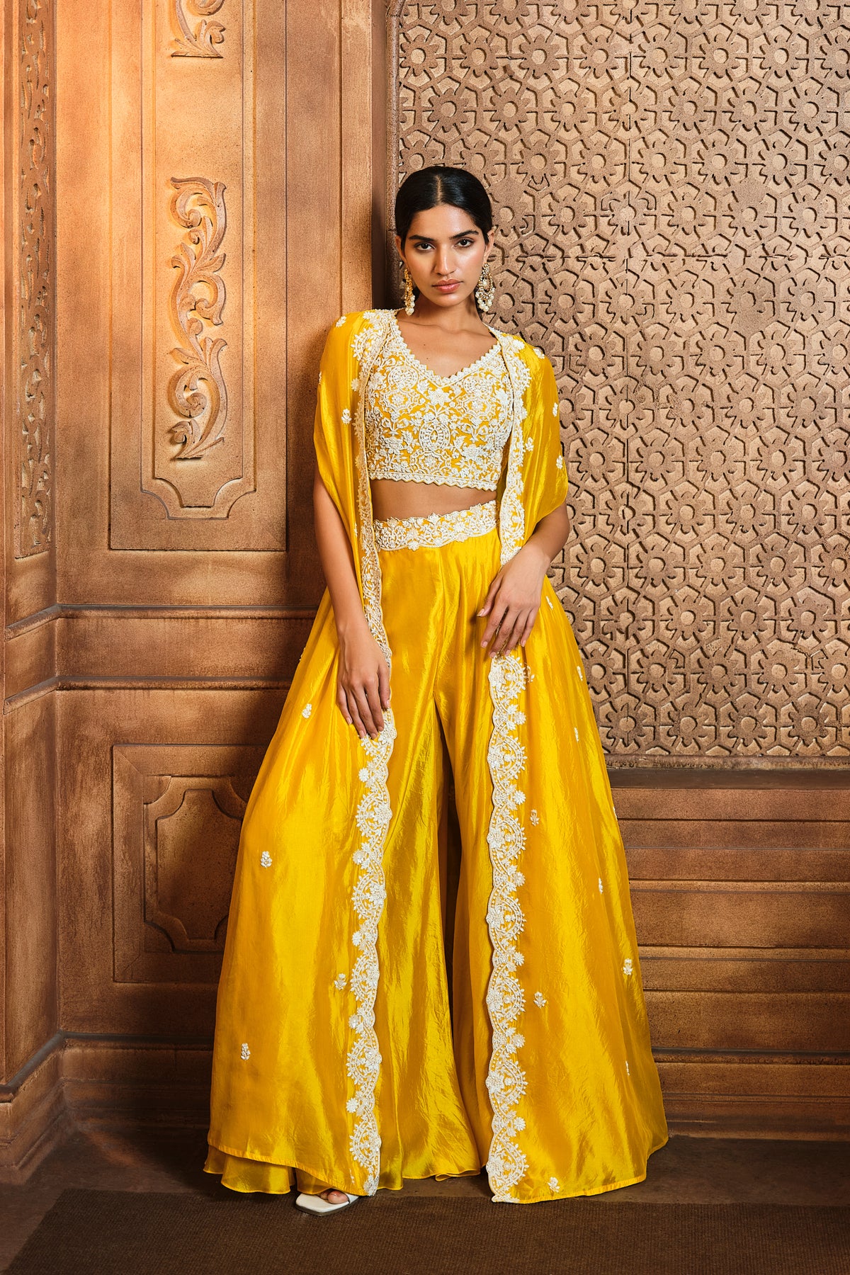Yellow Pearl Embroided Cape Sharara