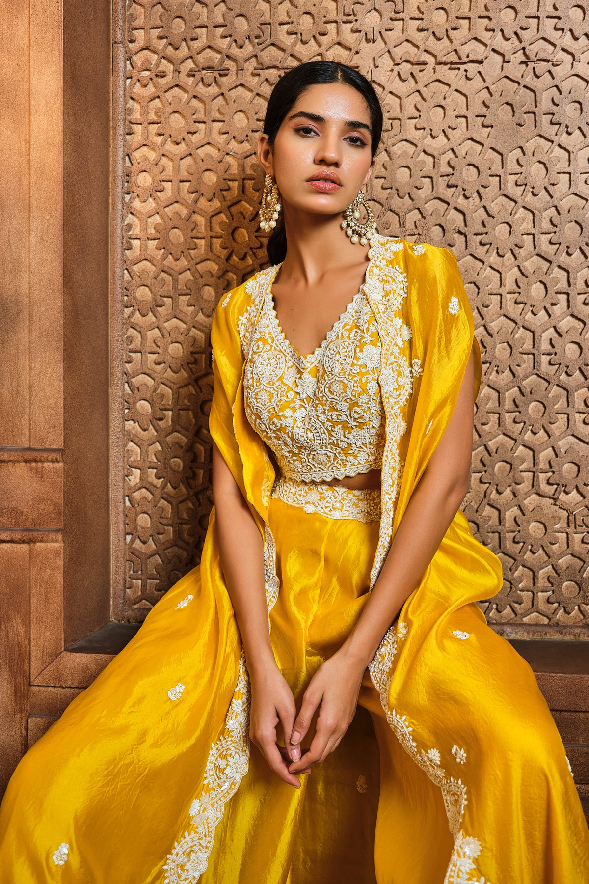 Yellow Pearl Embroided Cape Sharara