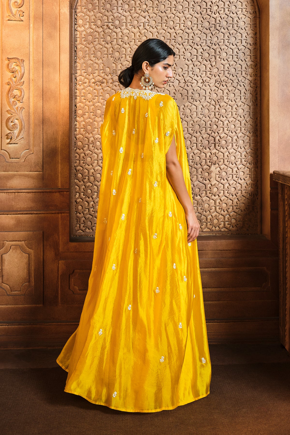 Yellow Pearl Embroided Cape Sharara