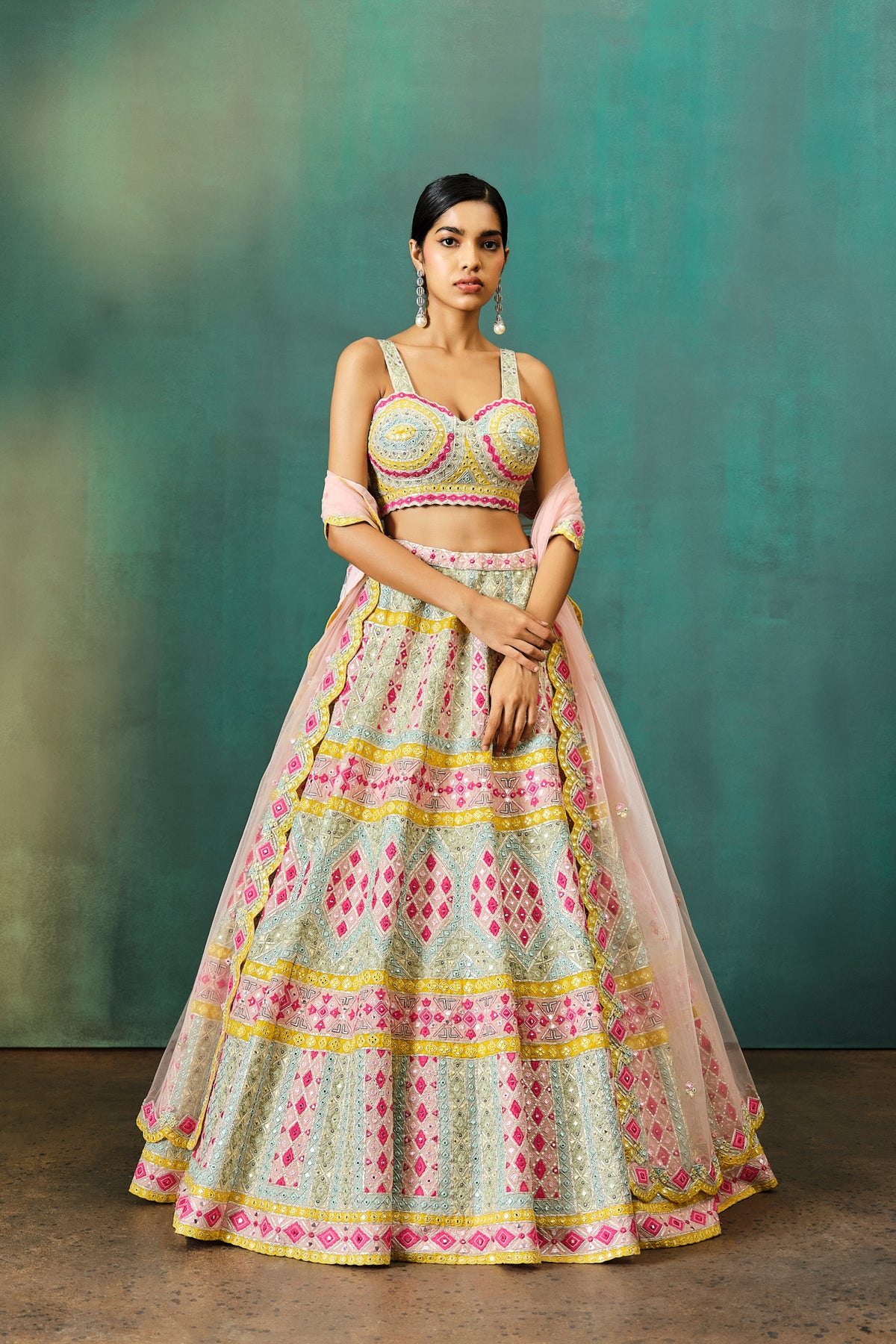 Ivory Geometric Applique Mirror Lehenga Set