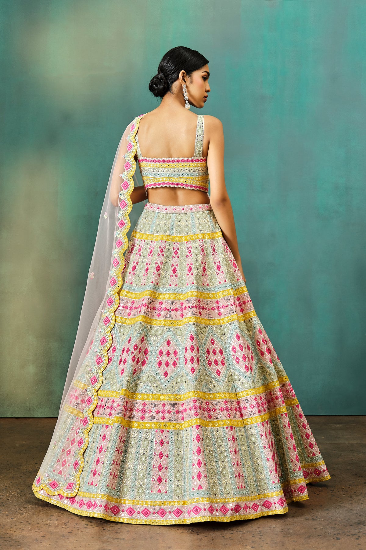 Ivory Geometric Applique Mirror Lehenga Set