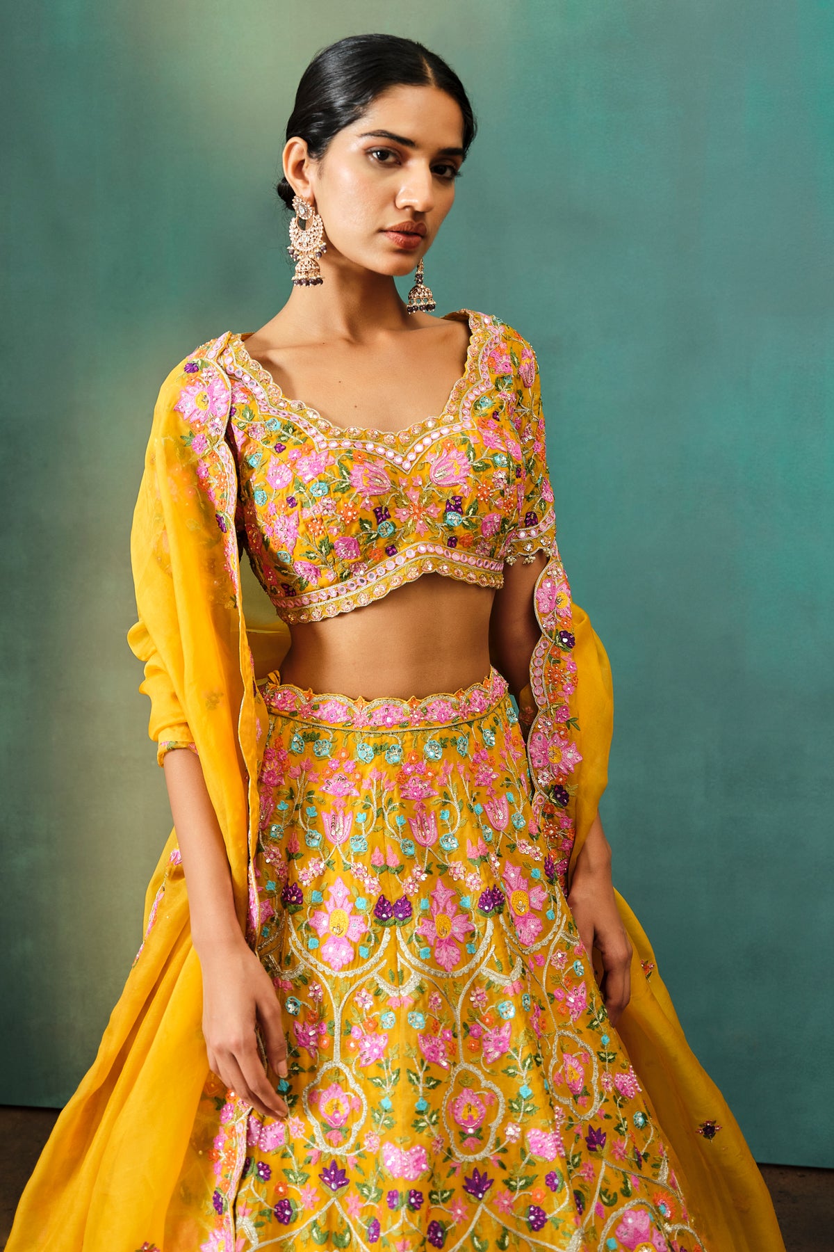 Yellow Multi Floral Highlight Lehenga Set