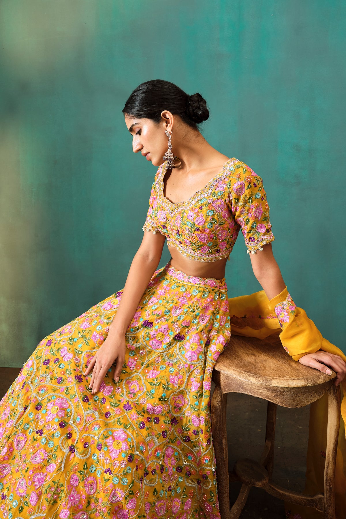 Yellow Multi Floral Highlight Lehenga Set
