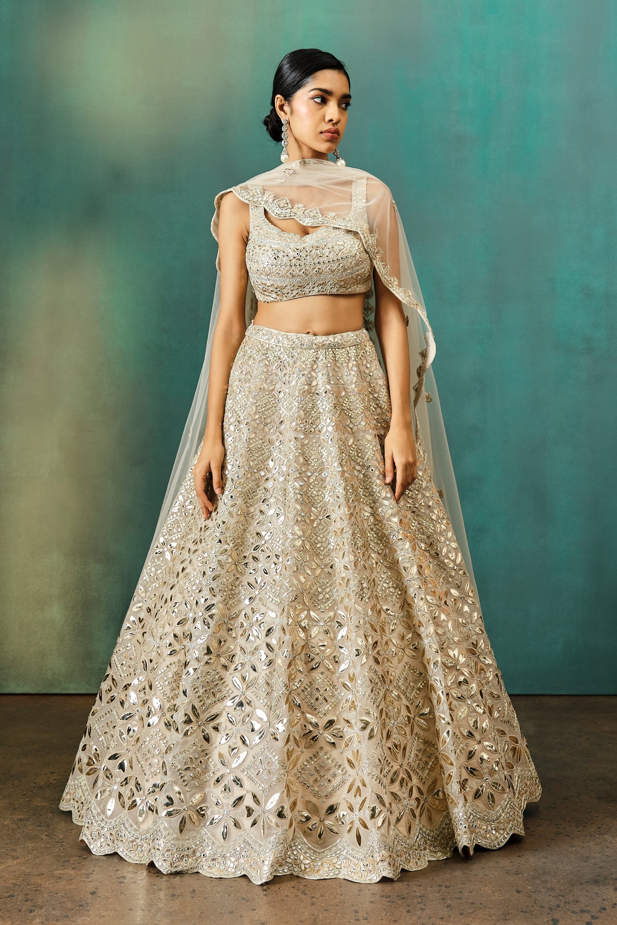 Beige Gold Petals Foil Lehenga Set