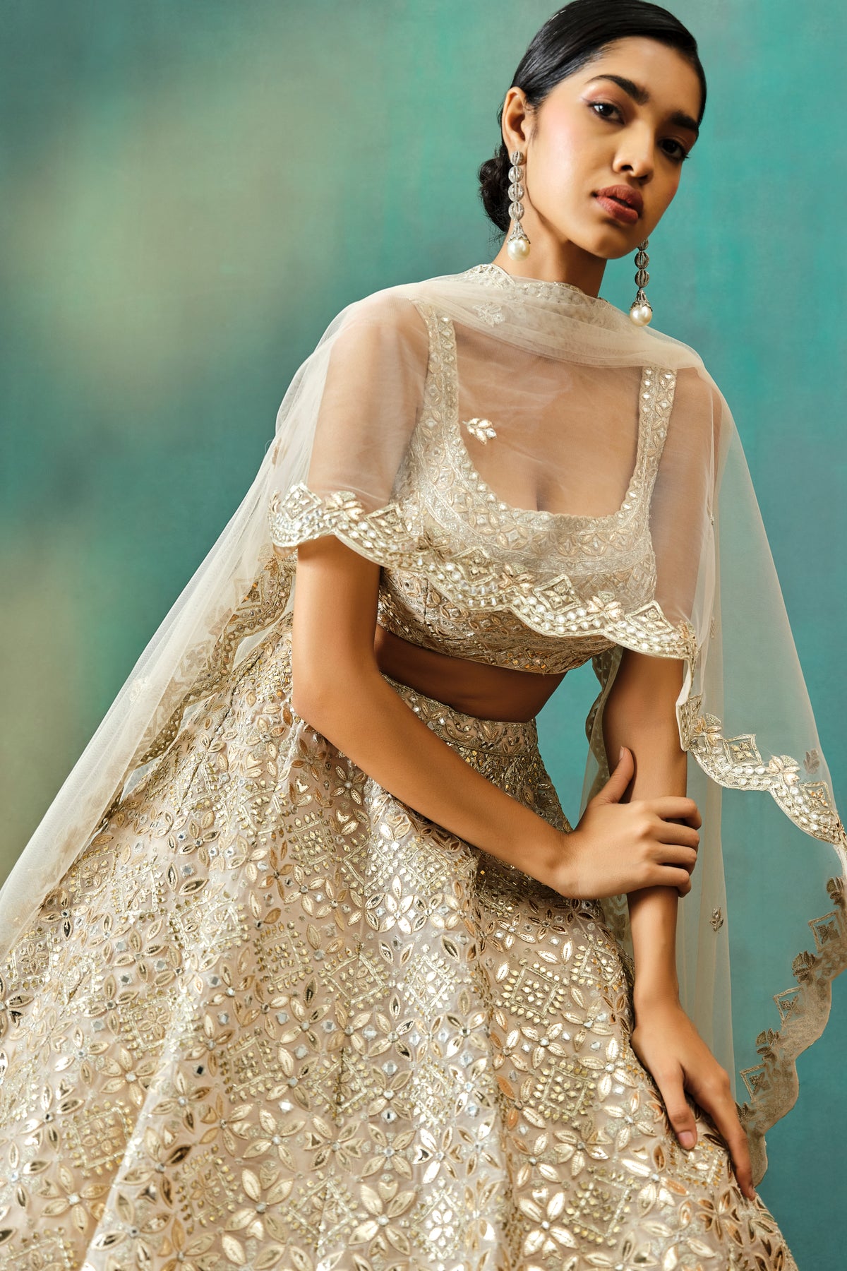 Beige Gold Petals Foil Lehenga Set