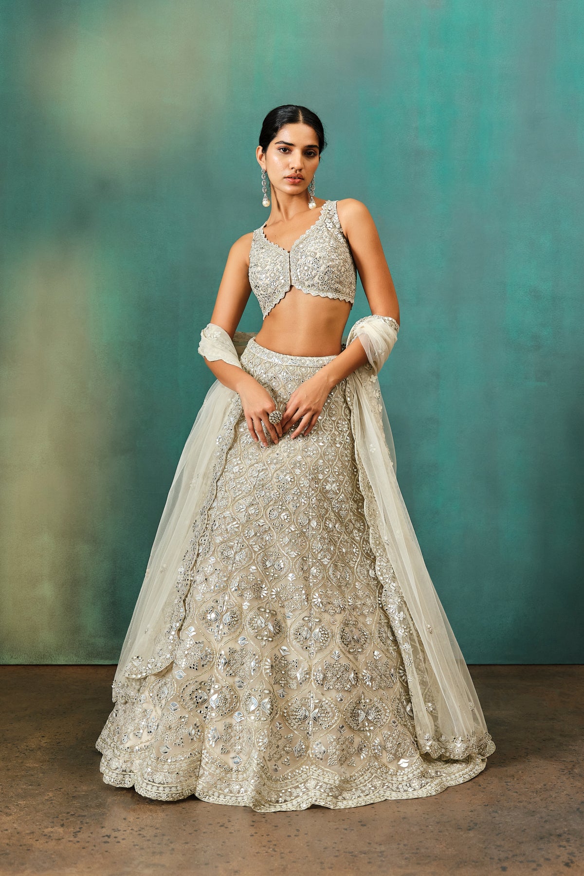 Ivory Floral Motif Net Lehenga Set
