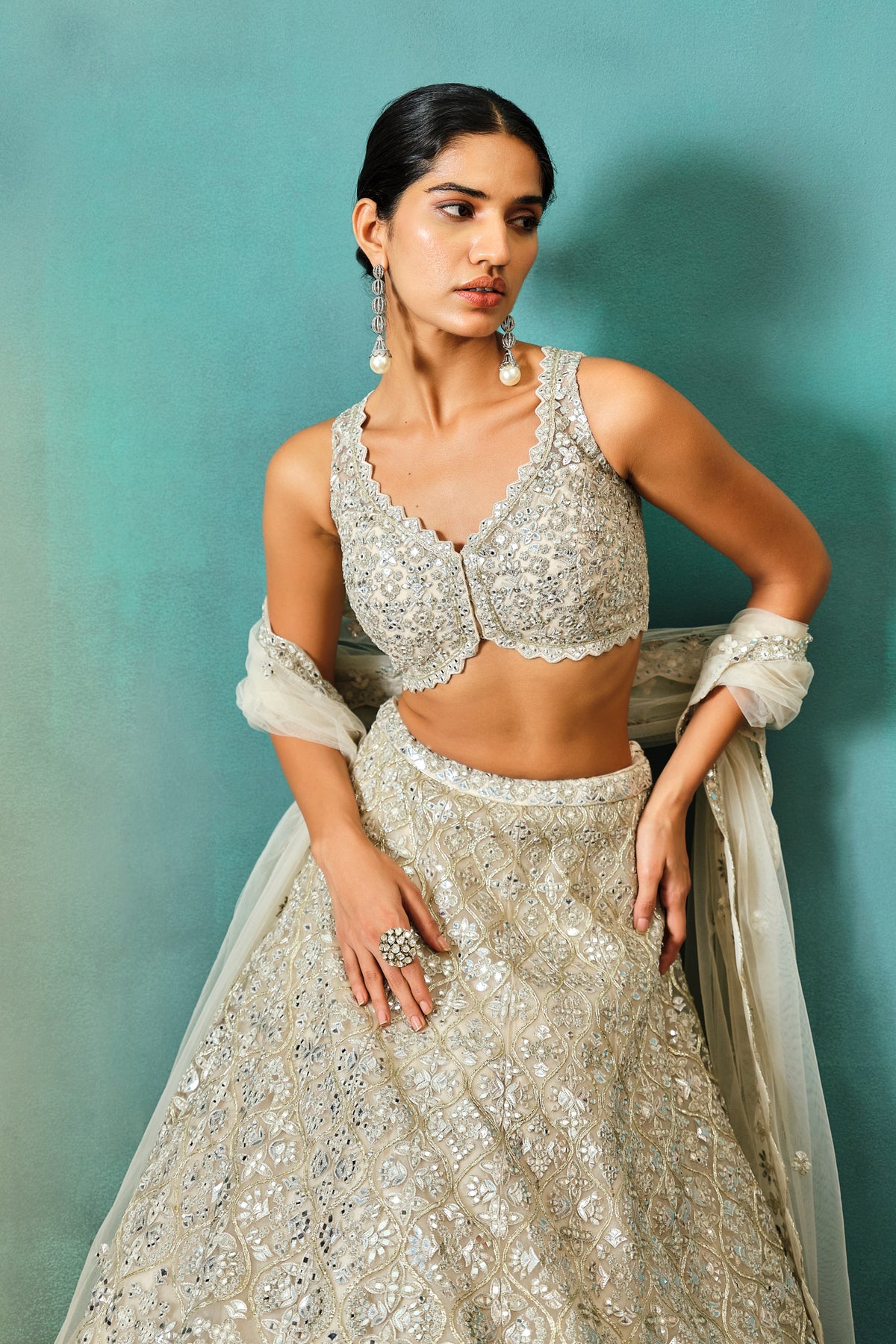 Ivory Floral Motif Net Lehenga Set