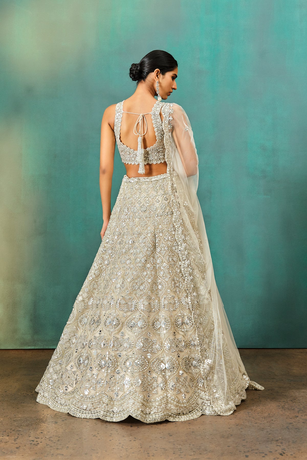 Ivory Floral Motif Net Lehenga Set