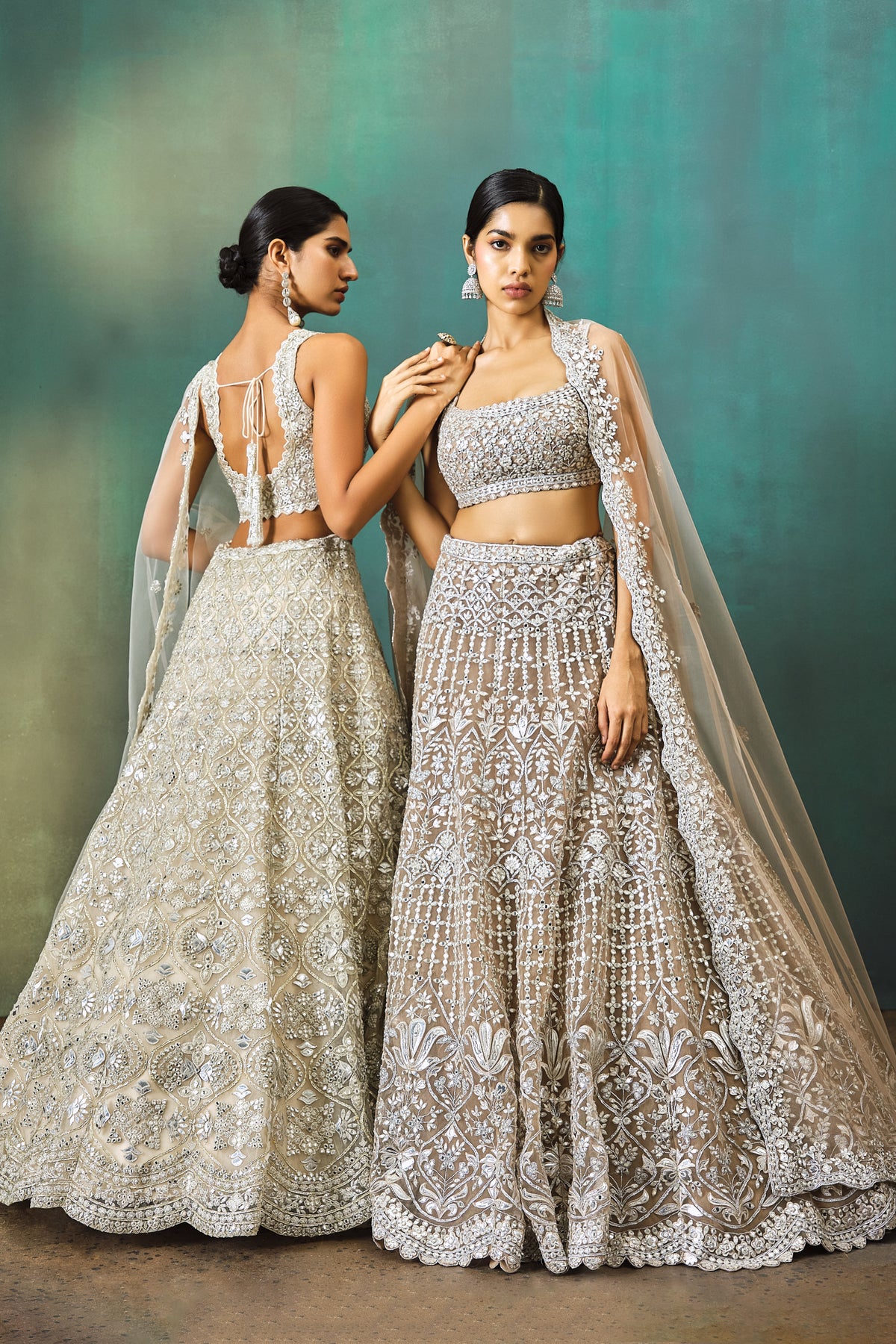 Taupe Net Silver Foil Applique Lehenga Set