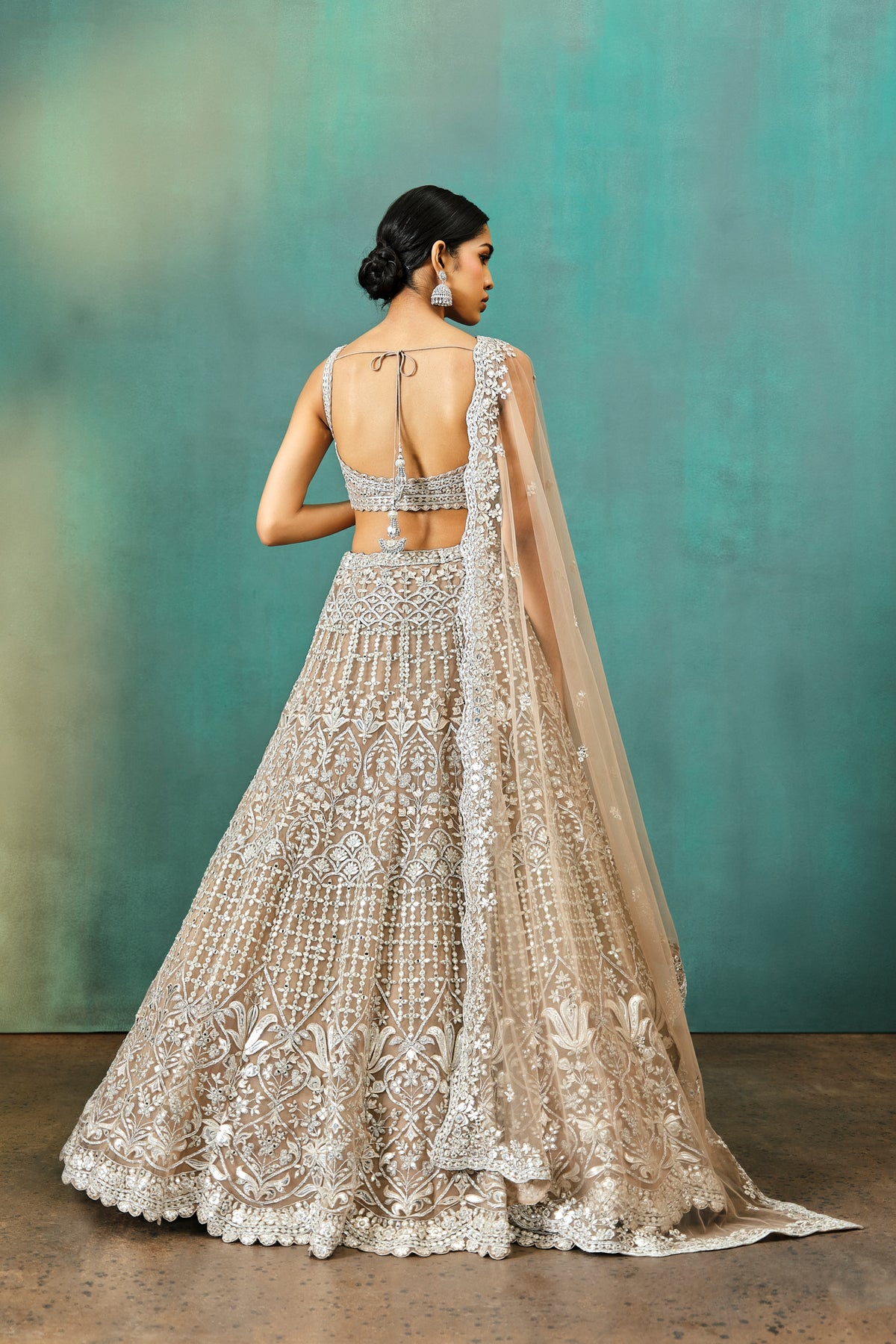 Taupe Net Silver Foil Applique Lehenga Set