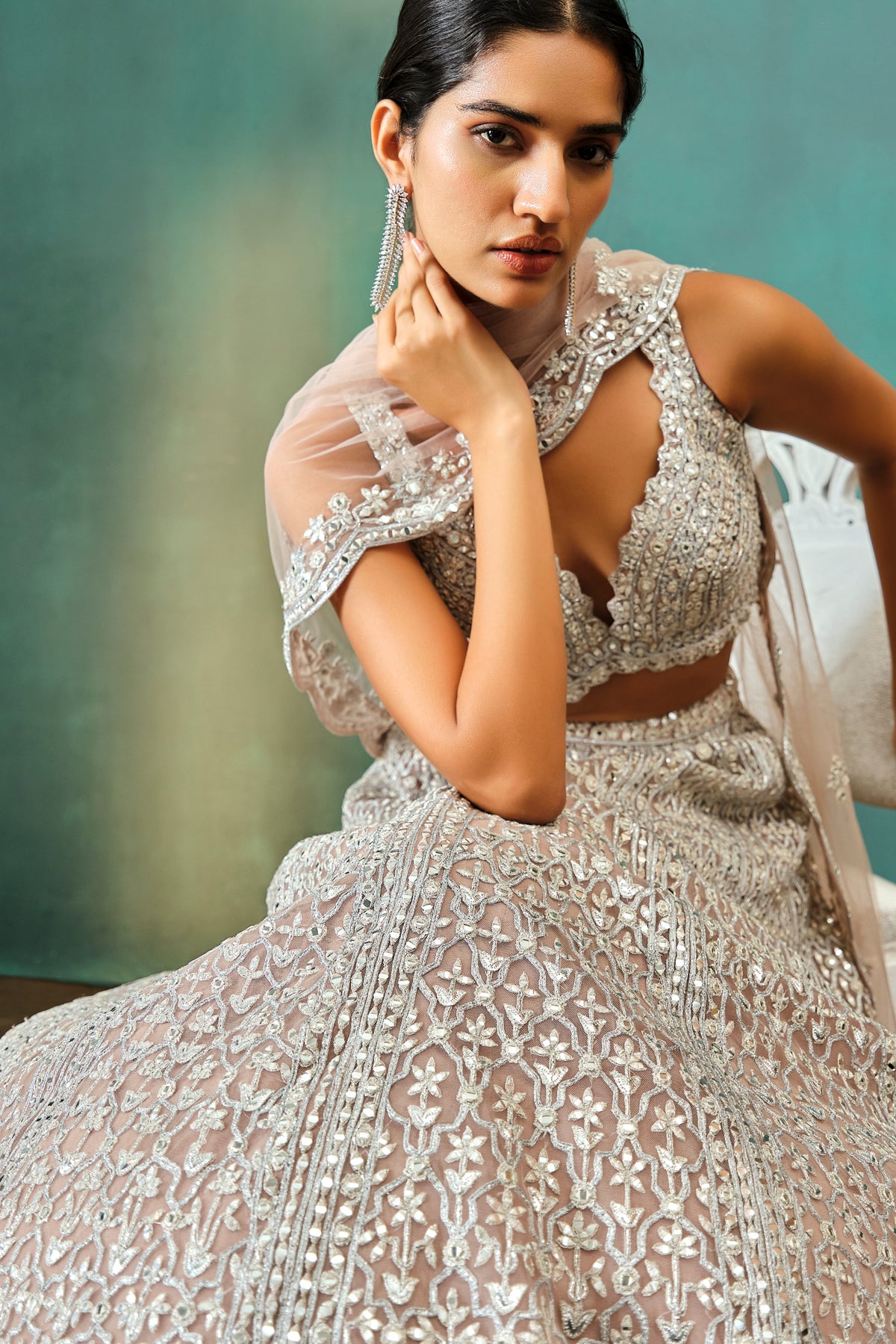 Taupe Checks Mirror Lehenga Set