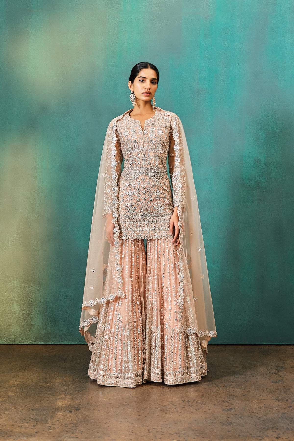 Nude Foil Applique Net Kurta Sharara Set