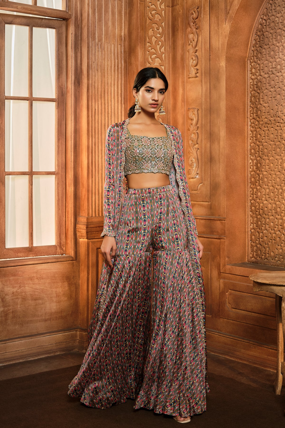 Olive Green Stripes Print Jacket Sharara Set