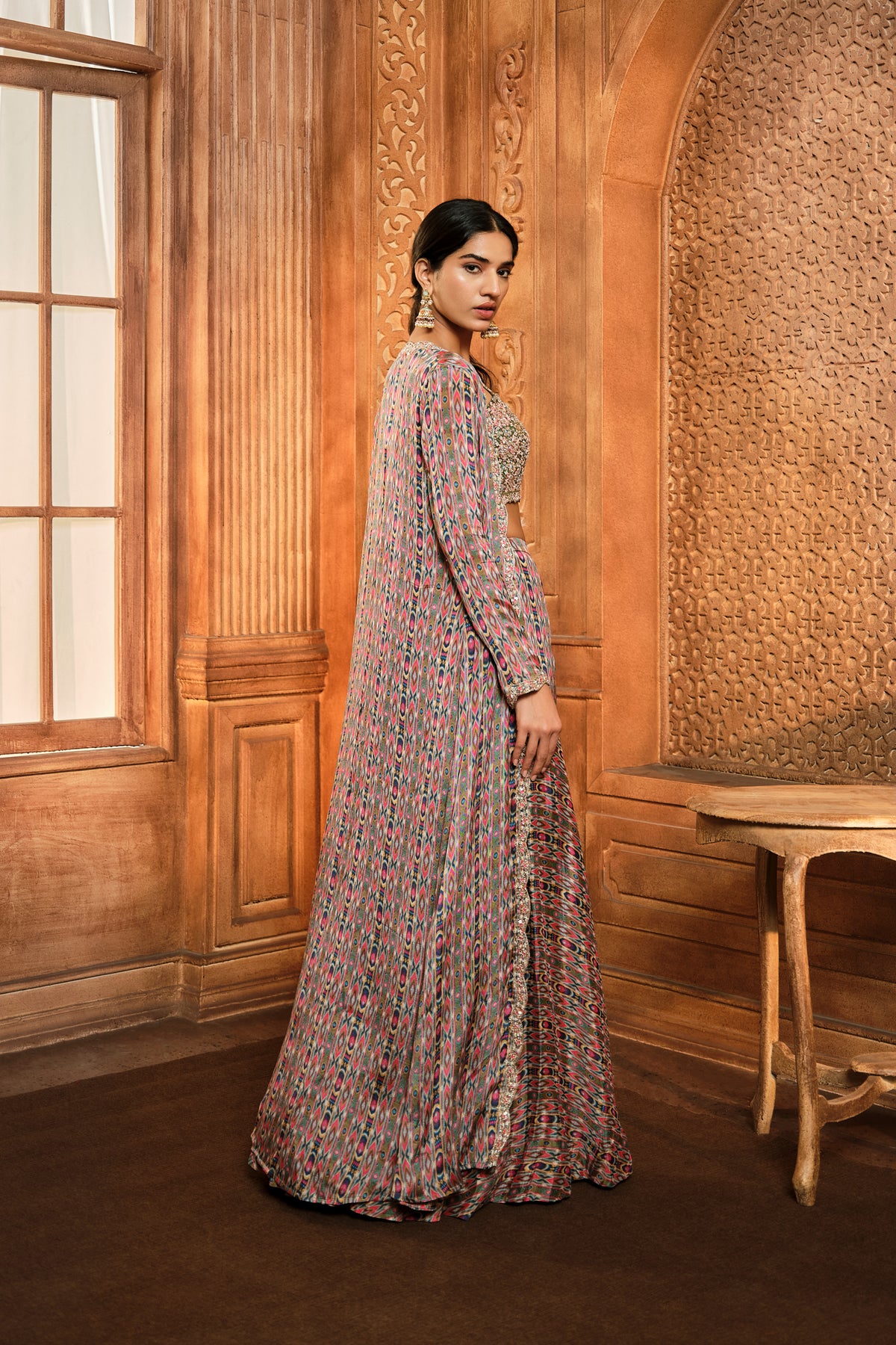 Olive Green Stripes Print Jacket Sharara Set