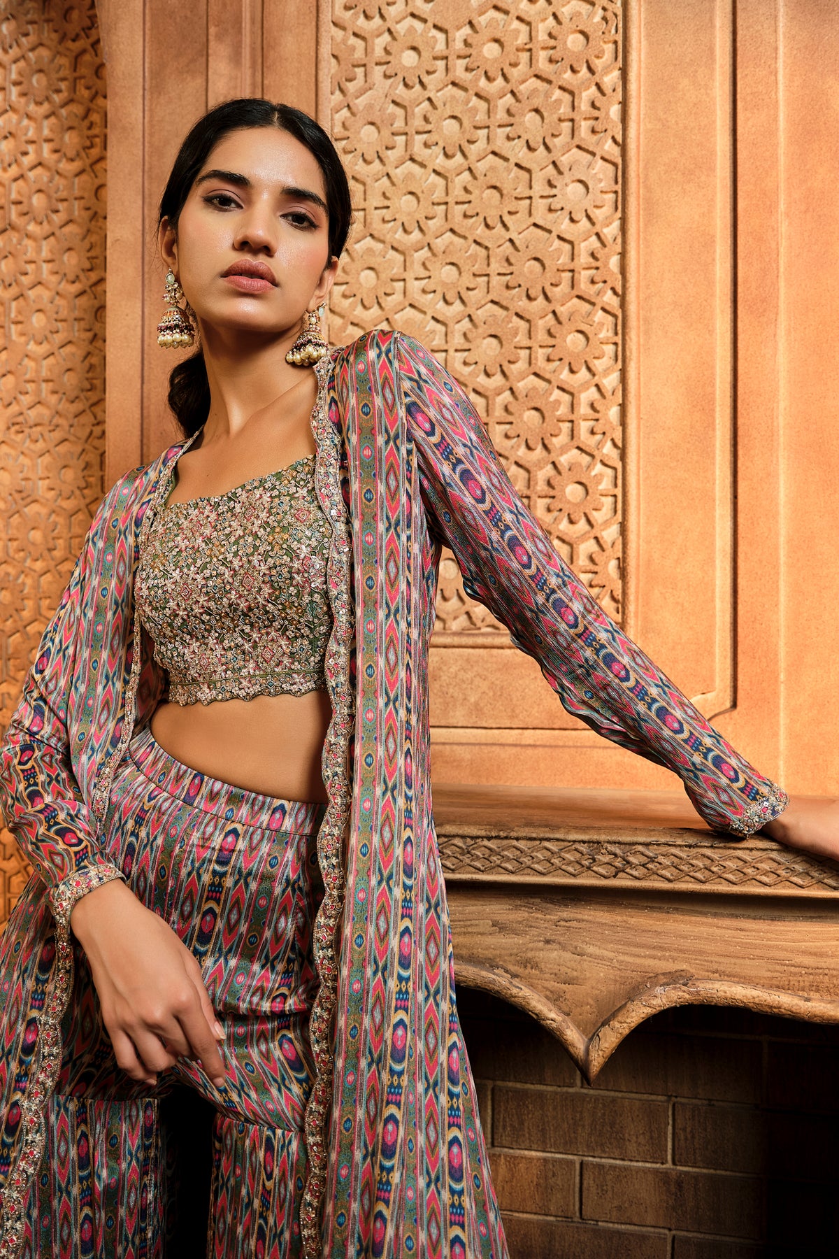 Olive Green Stripes Print Jacket Sharara Set