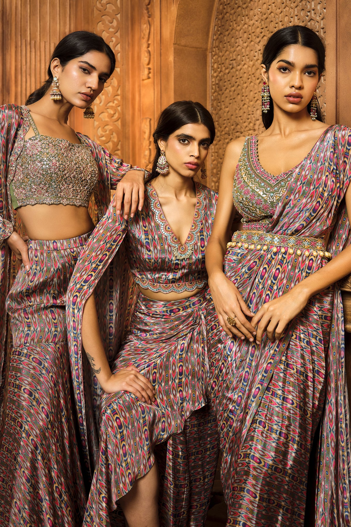 Olive Green Stripes Draped Saree Set
