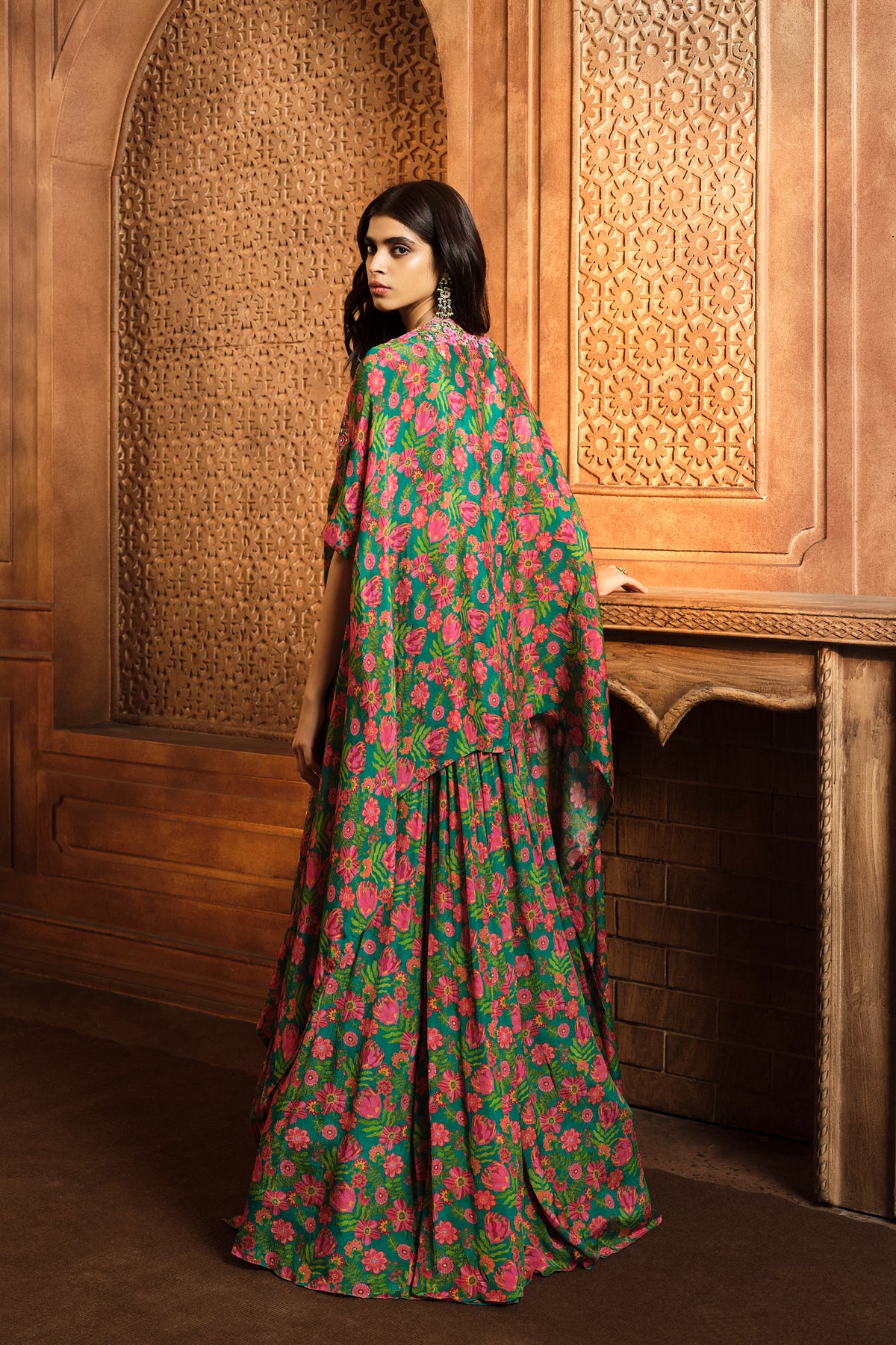 Emerald Green Printed Cape Skirt Set