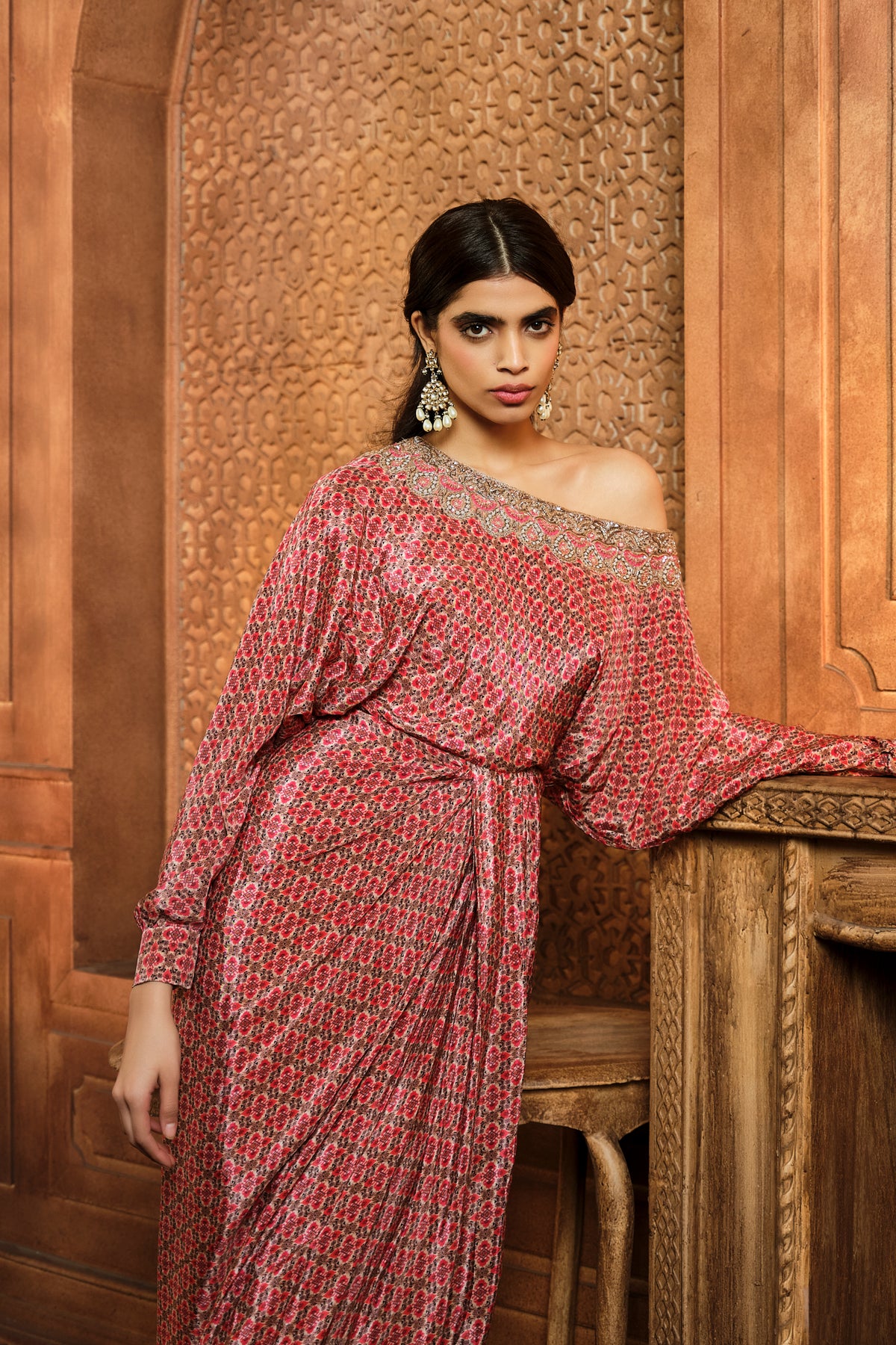 Red Printed Cowl Off Shoulder Dress