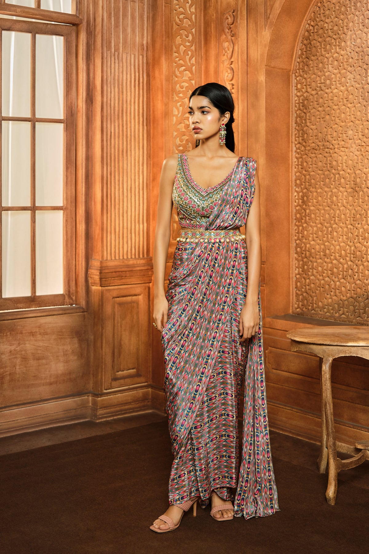 Olive Green Stripes Draped Saree Set