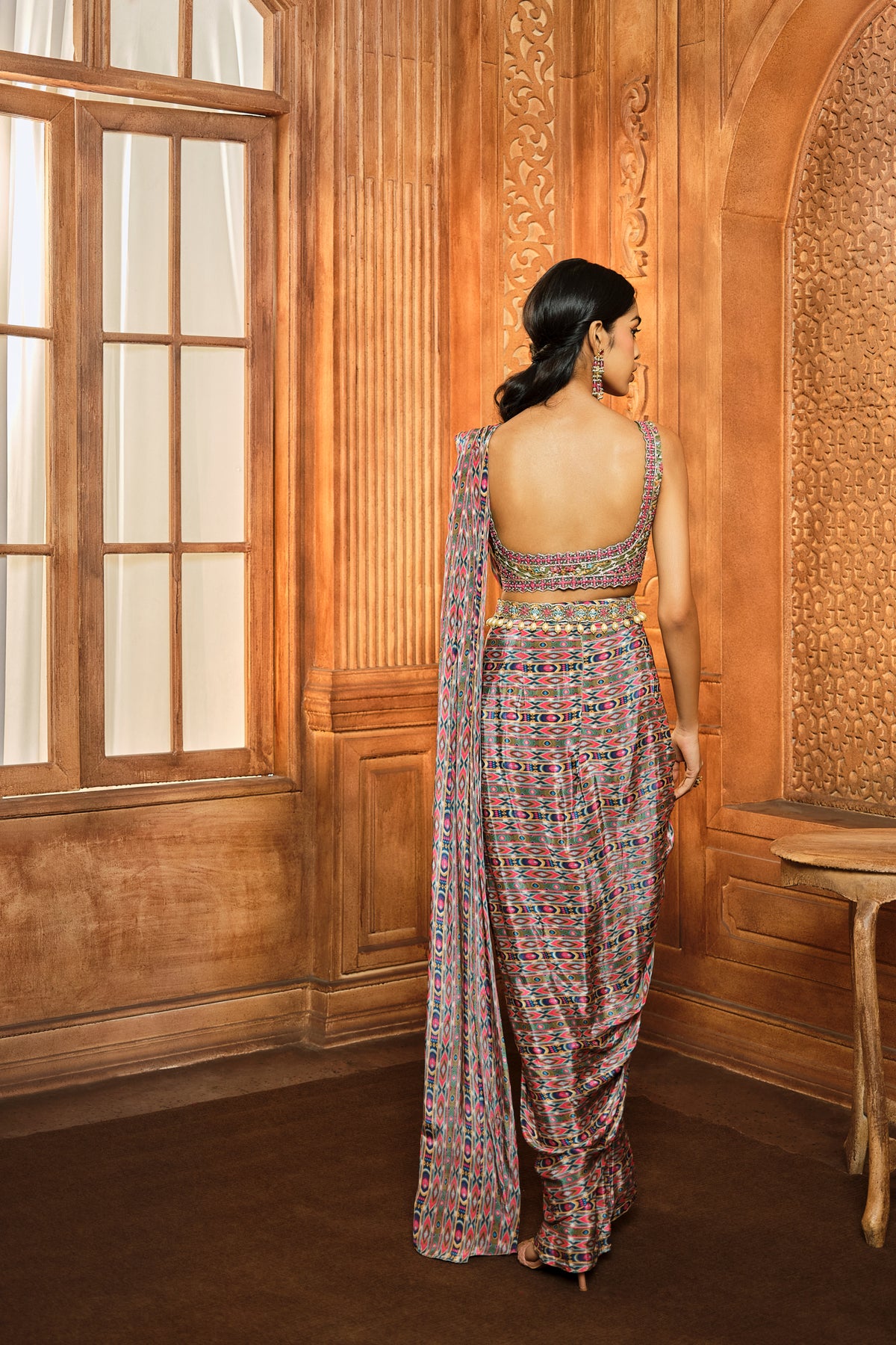 Olive Green Stripes Draped Saree Set