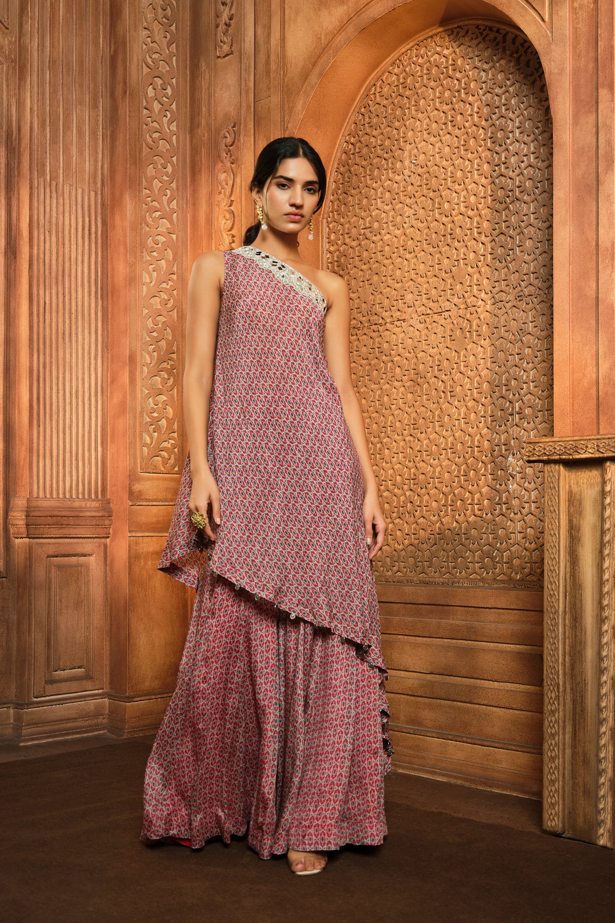 Red Oval Printed One Shoulder Tunic Sharara Set