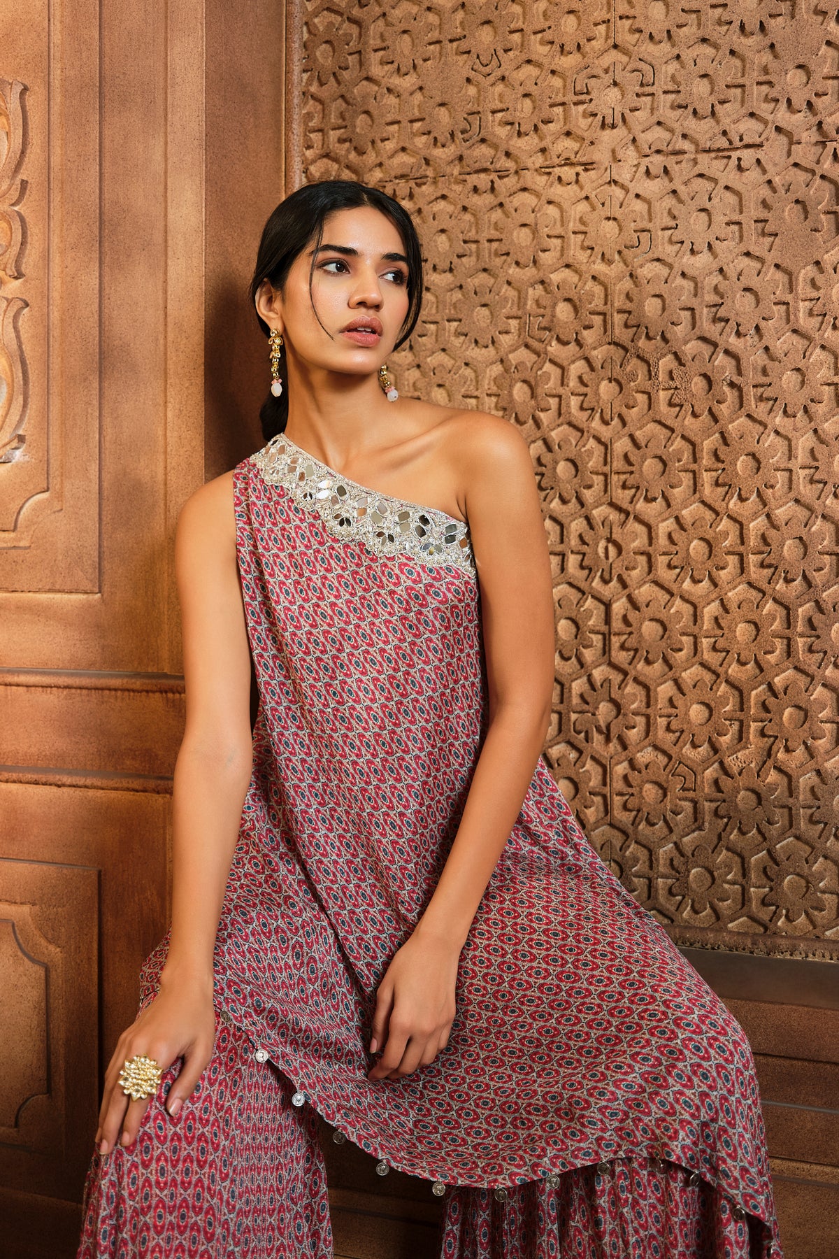 Red Oval Printed One Shoulder Tunic Sharara Set