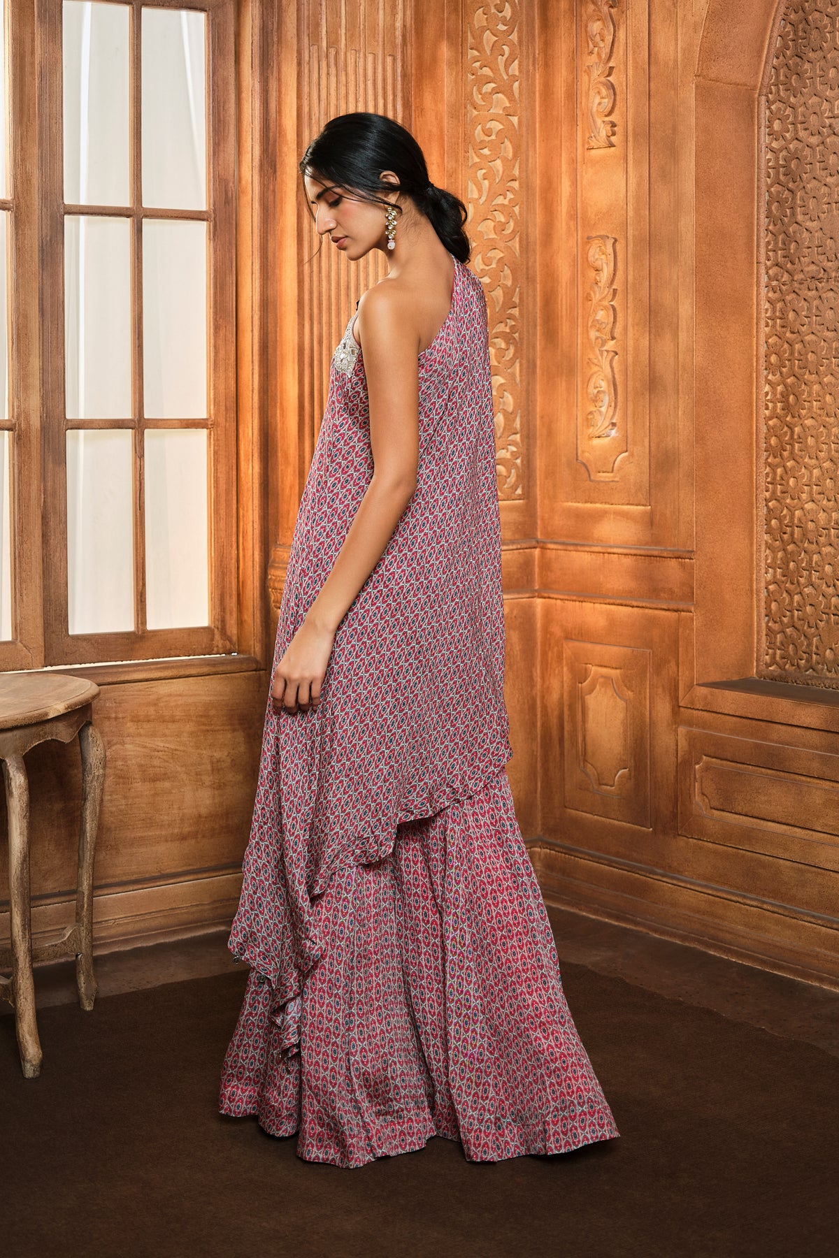 Red Oval Printed One Shoulder Tunic Sharara Set