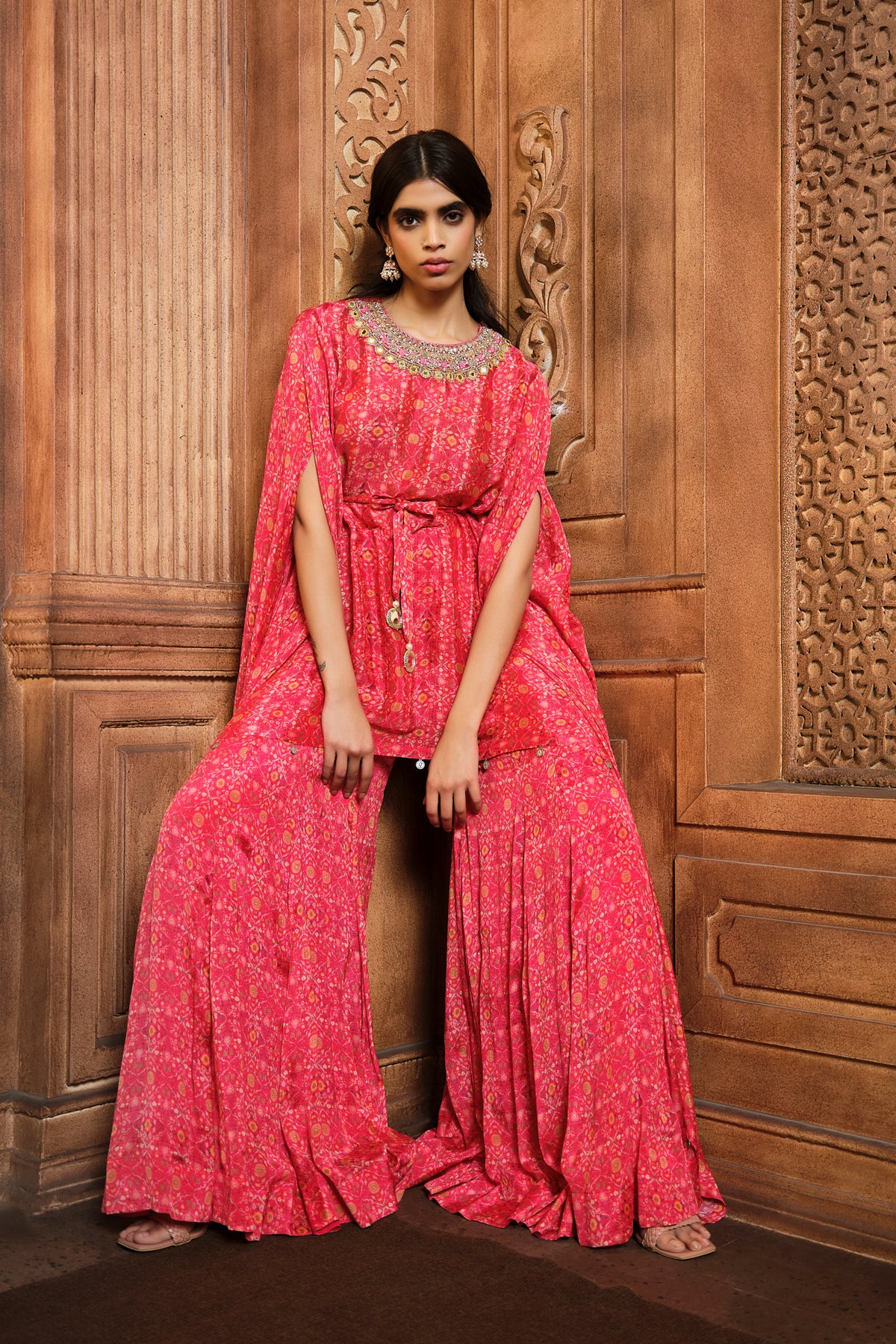 Vermillion Red Kaftan With Kali Sharara