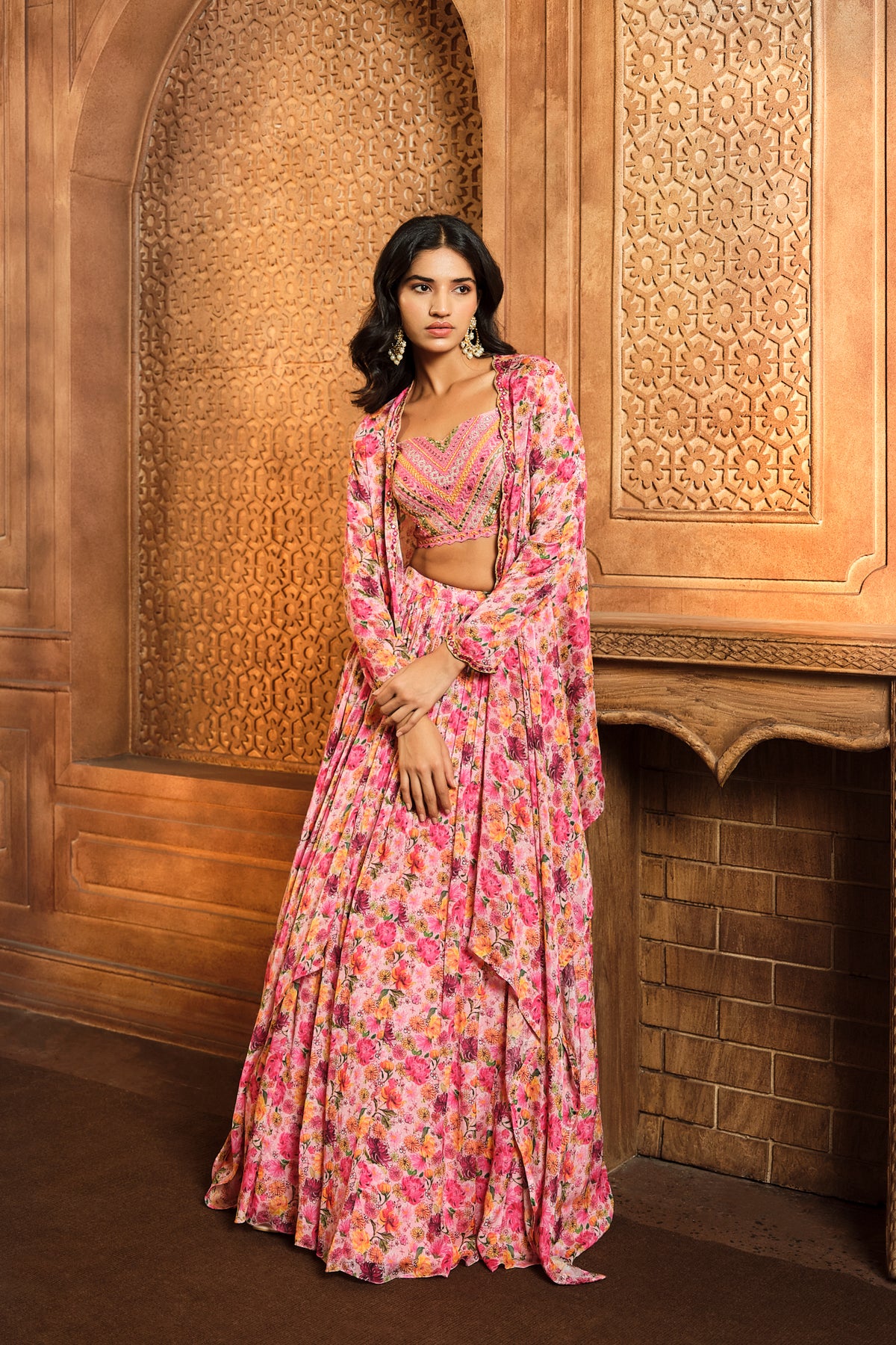Pink Watercolor Printed Cape Skirt Set