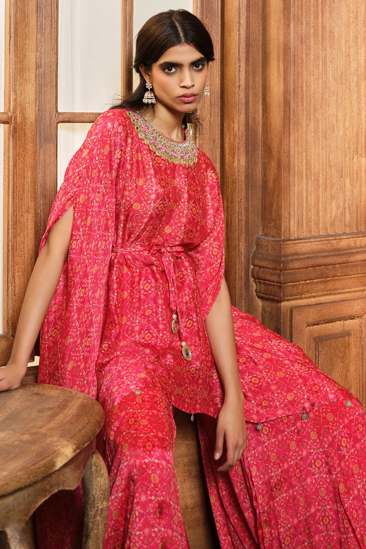 Vermillion Red Kaftan With Kali Sharara