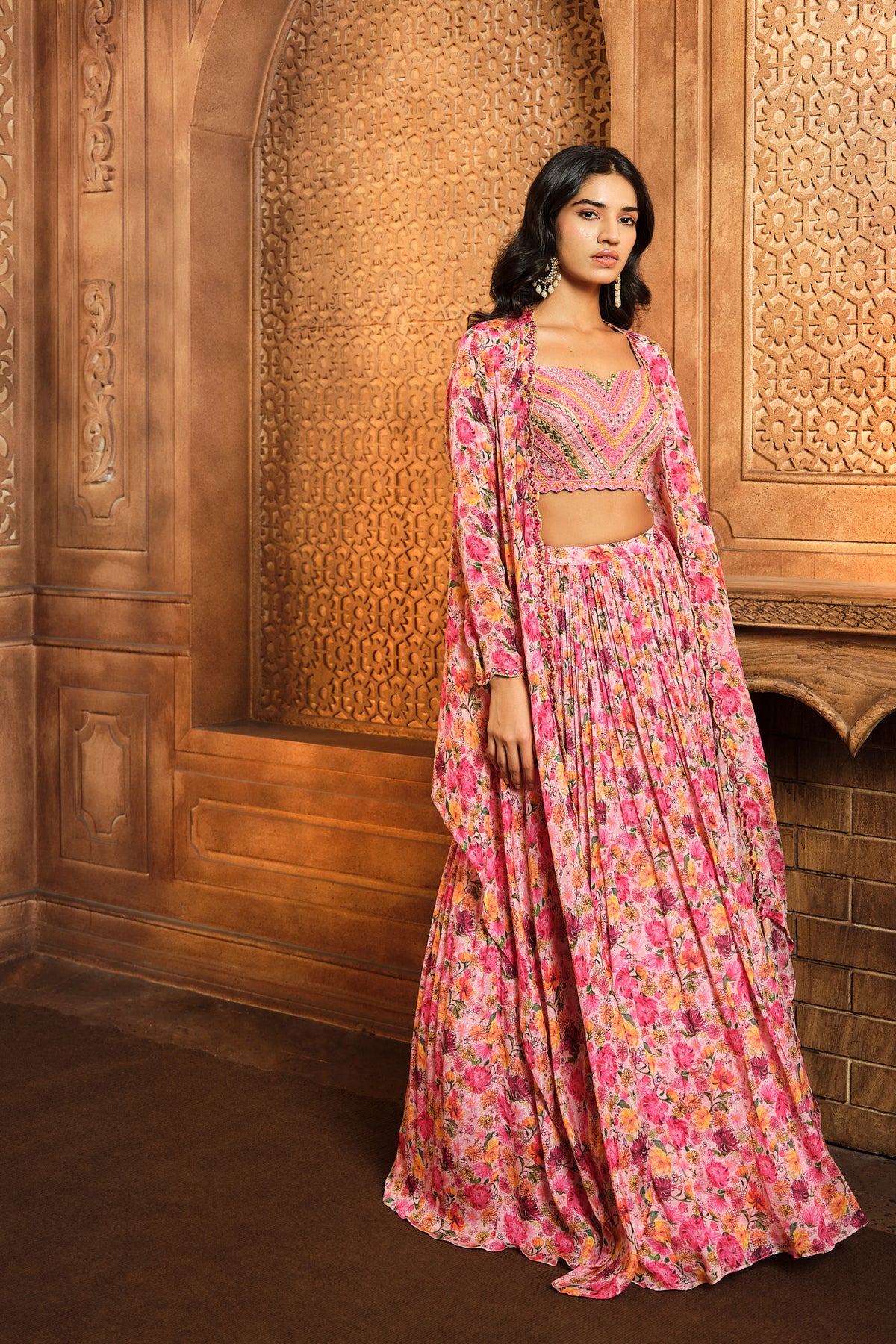 Pink Watercolor Printed Cape Skirt Set