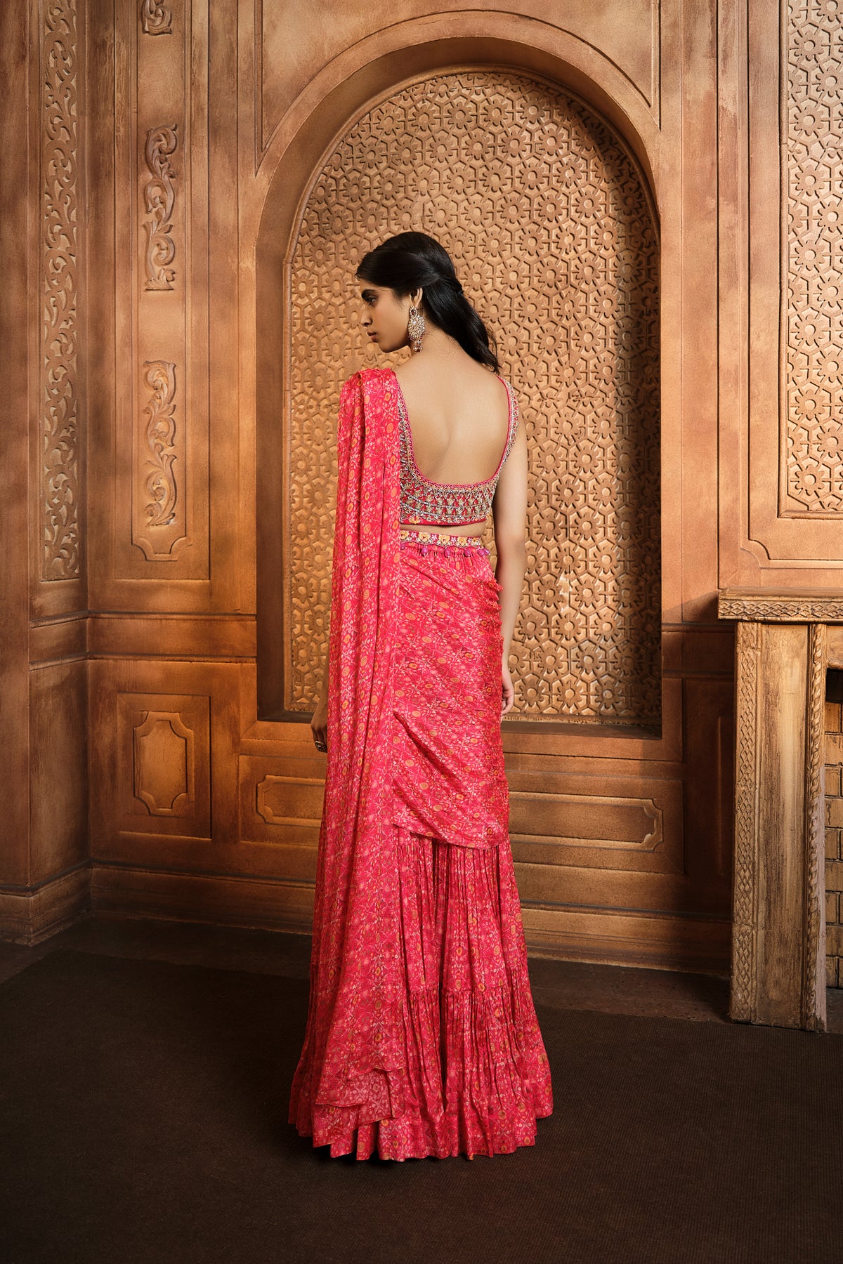 Vermillion Red Printed Draped Sharara Set