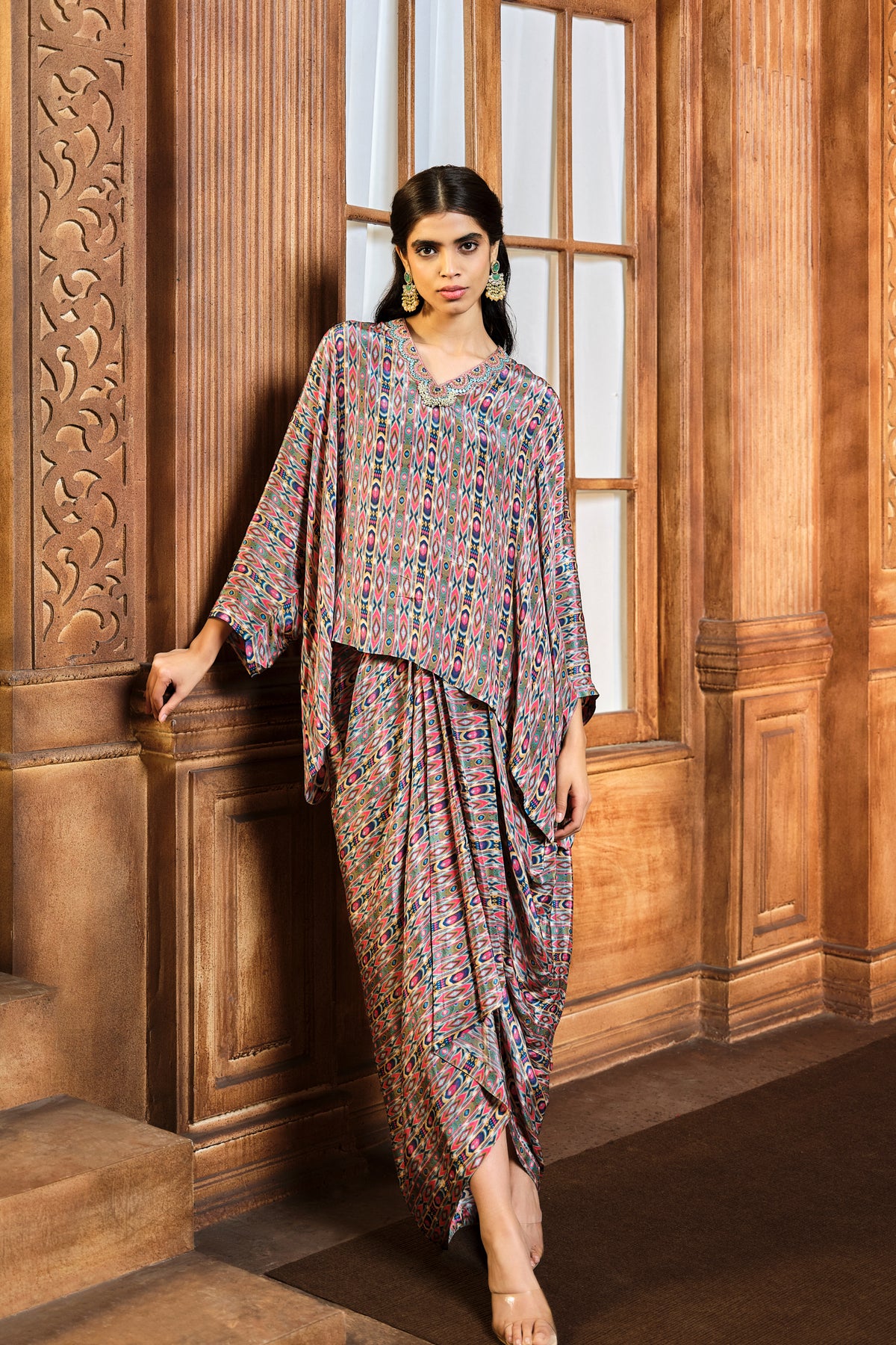 Olive Green Stripes Kaftan With Skirt